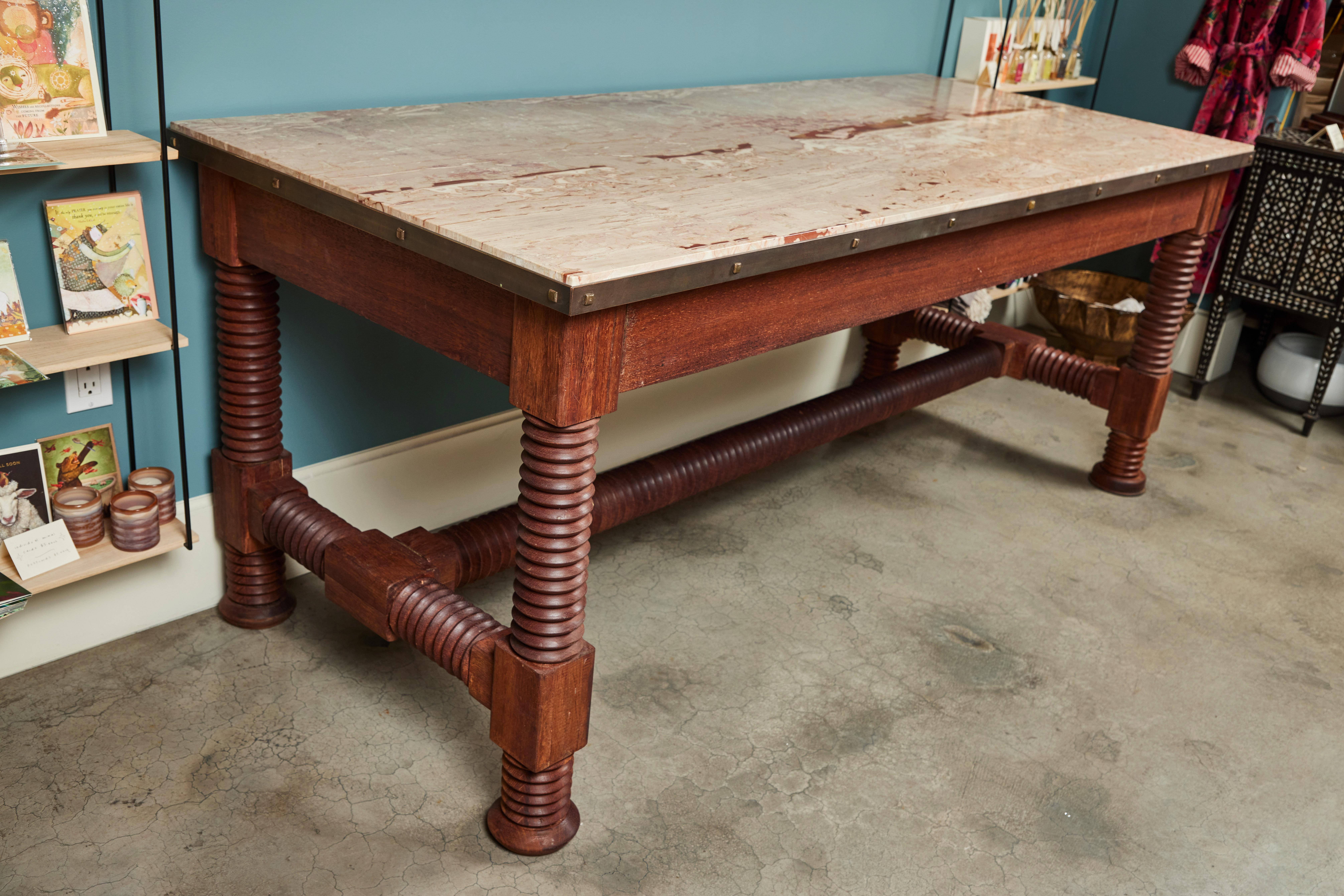 Large Antique Center Table with Original Marble-Top and Spool Turned Legs 9