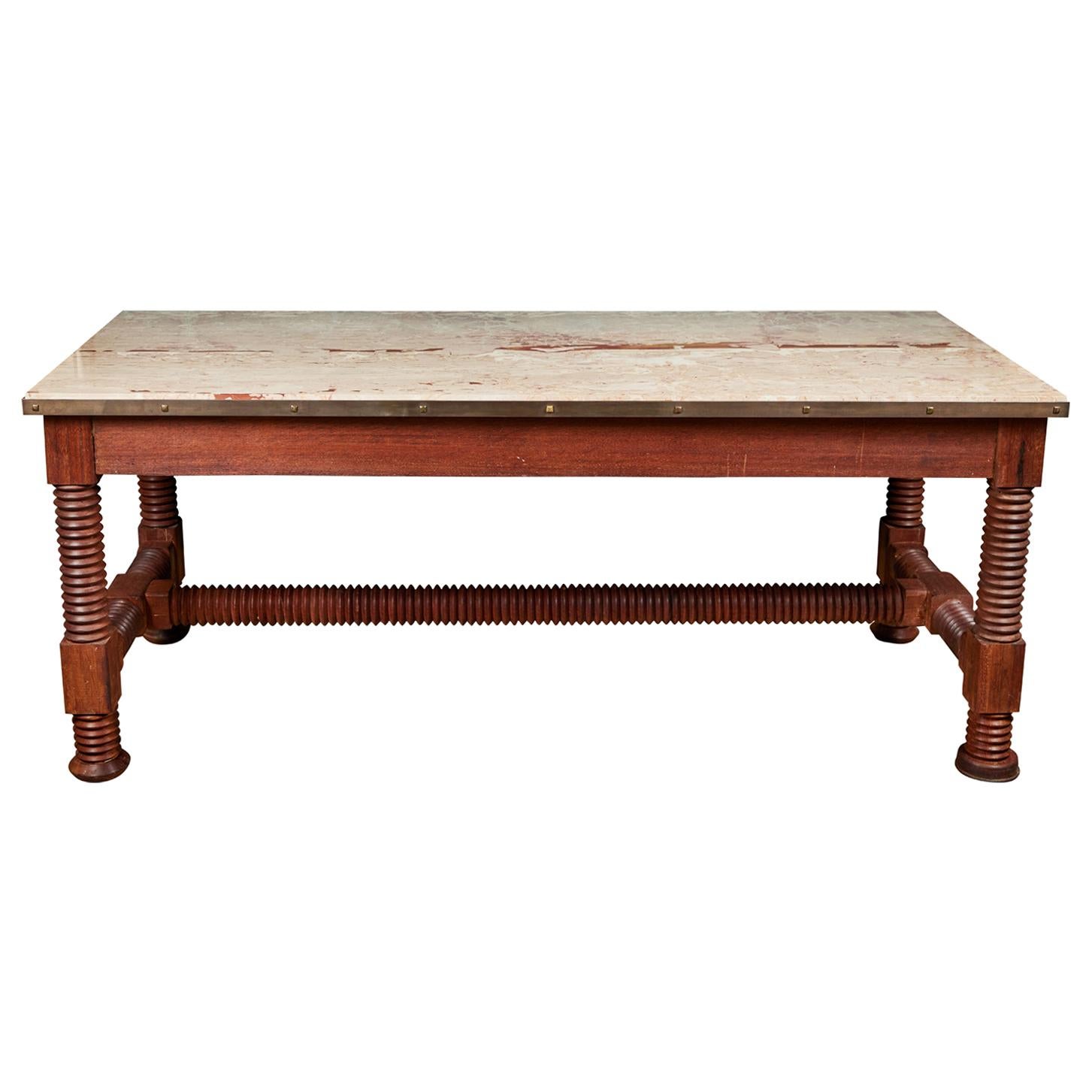 Large Antique Center Table with Original Marble-Top and Spool Turned Legs