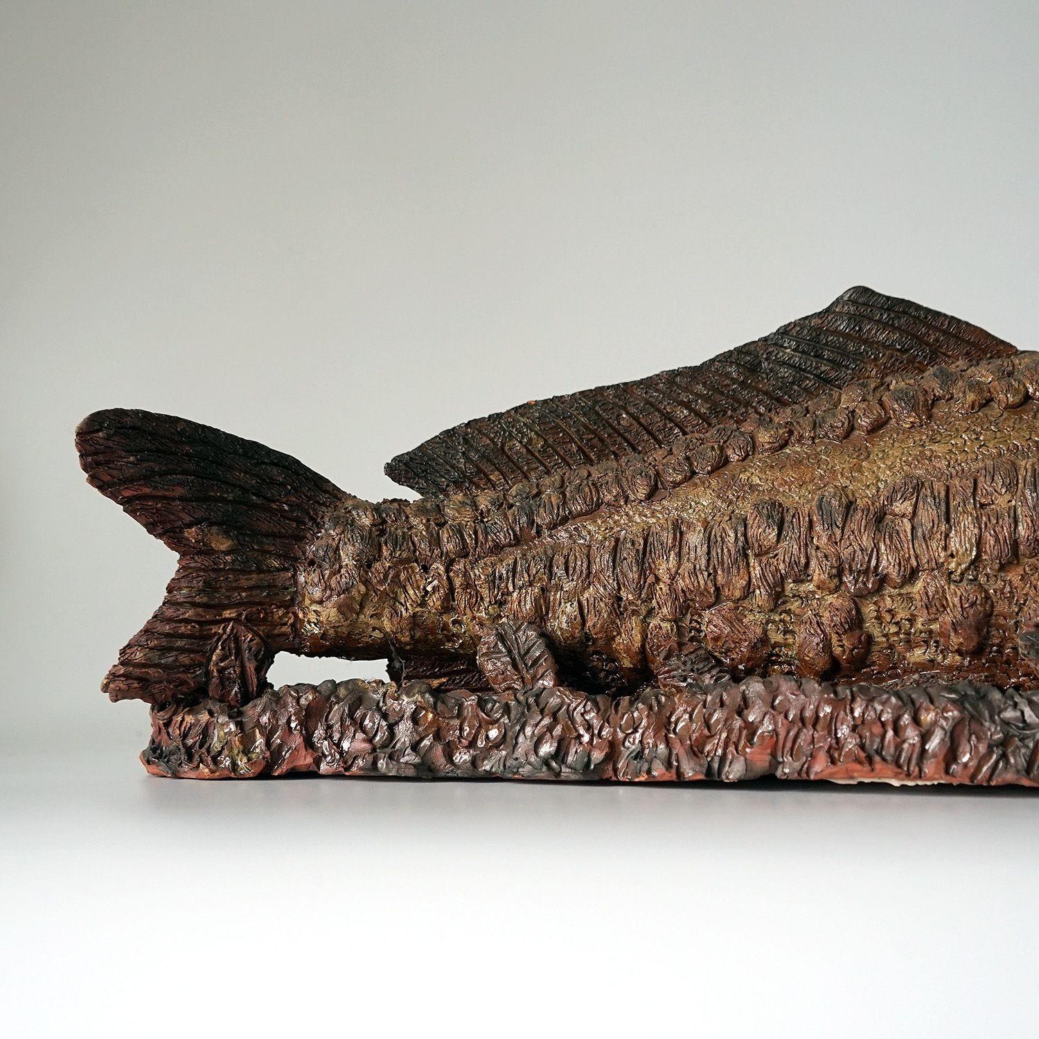 European Large Antique Glazed Studio Pottery Ceramic Terracotta Fish Sculpture, c. 1900 For Sale