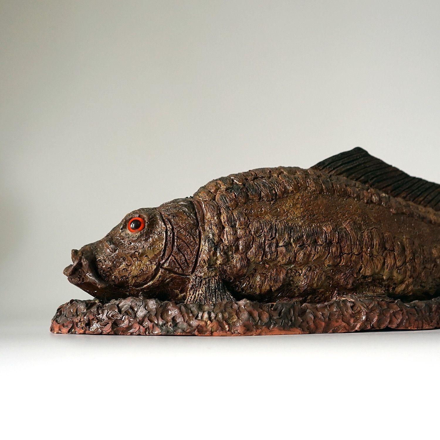 Large Antique Glazed Studio Pottery Ceramic Terracotta Fish Sculpture, c. 1900 For Sale 4
