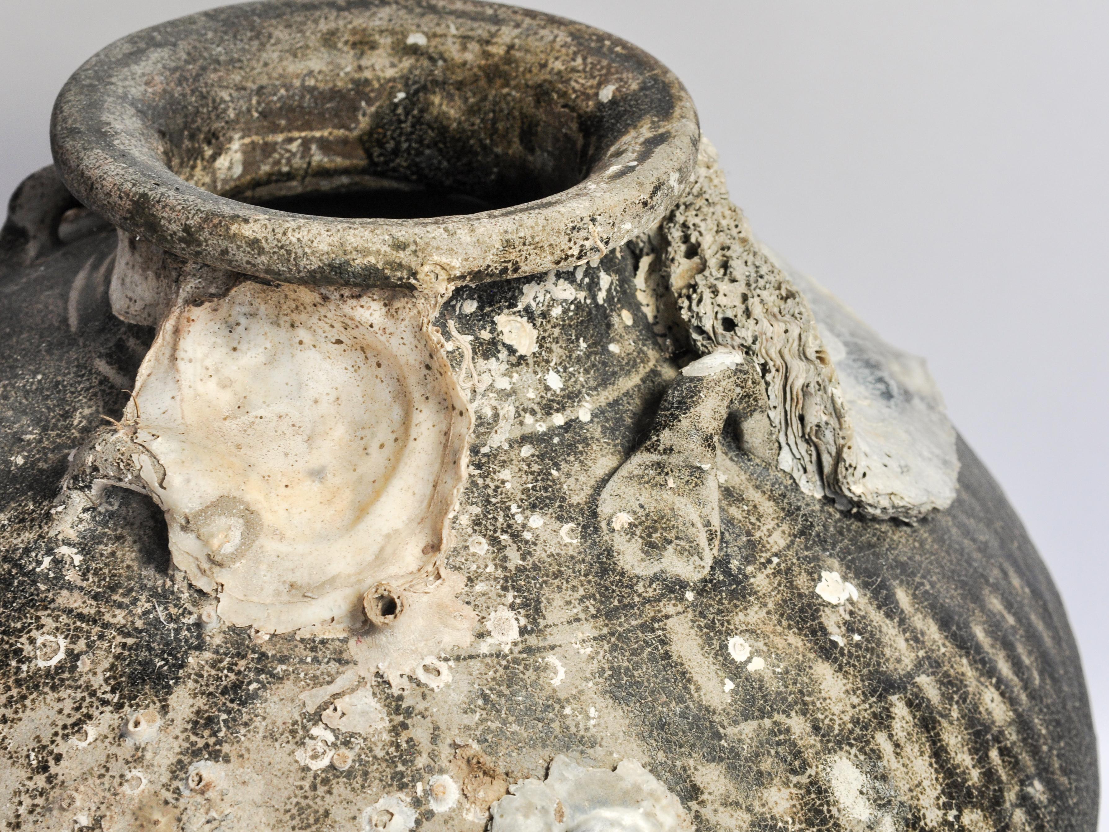 Organic Modern Large Antique Ceramic Jar with Encrustations Thailand 14th-15th Century