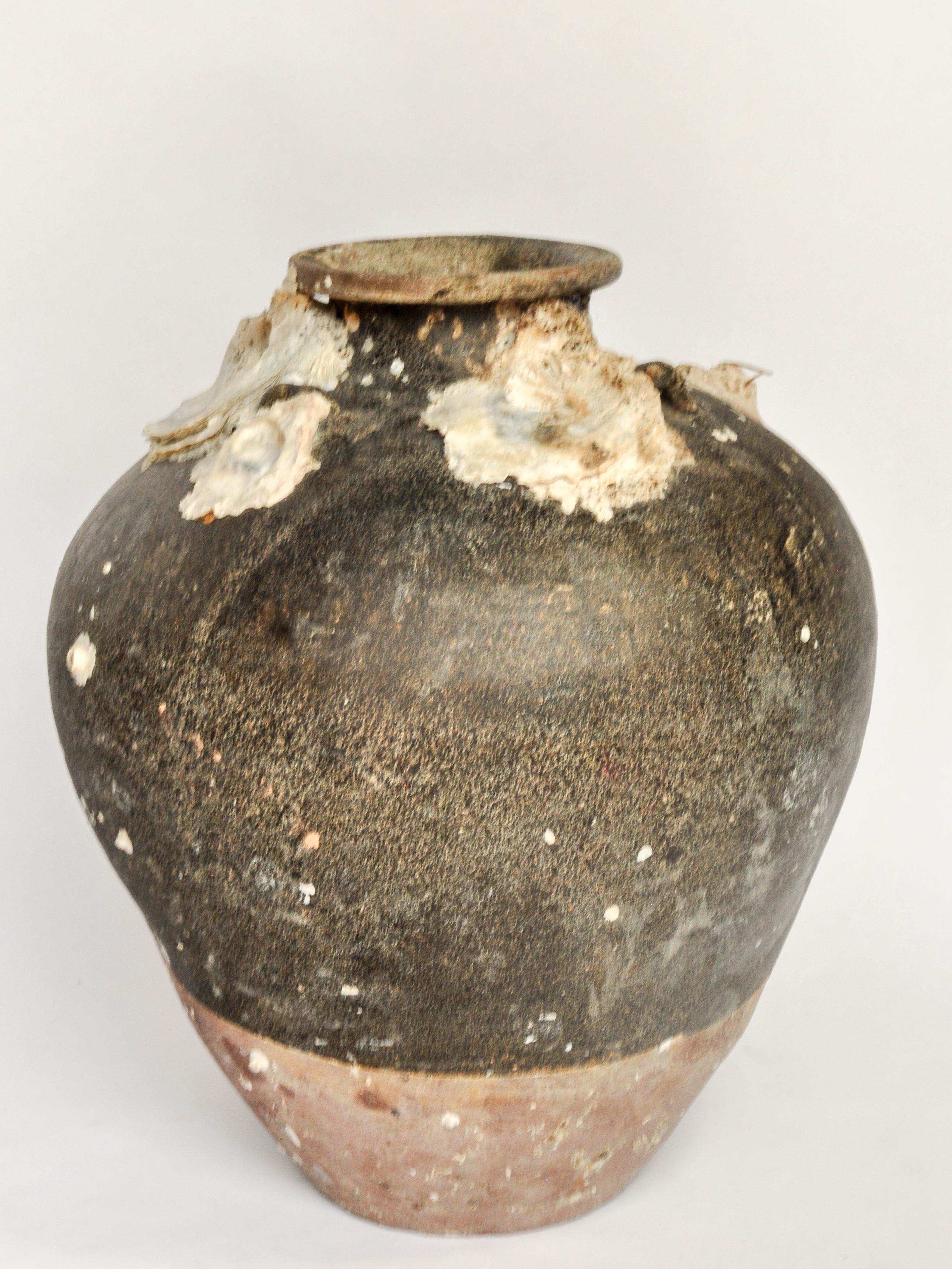 18th Century and Earlier Large Antique Ceramic Jar with Encrustations Thailand 14th-15th Century