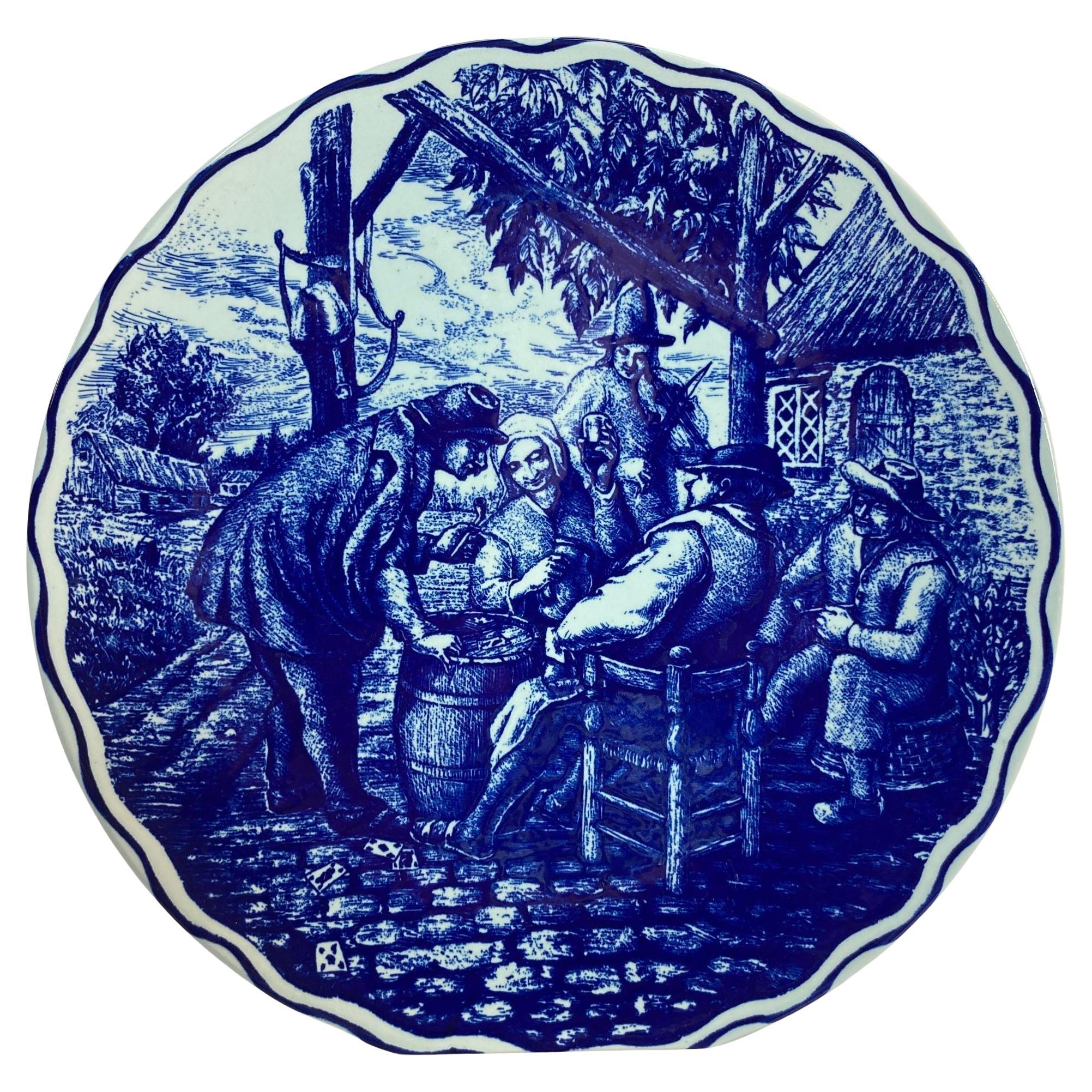 Gran Plato de Cerámica Antiguo Azul y Blanco Holandés Boch Delft Cargador Década de 1940