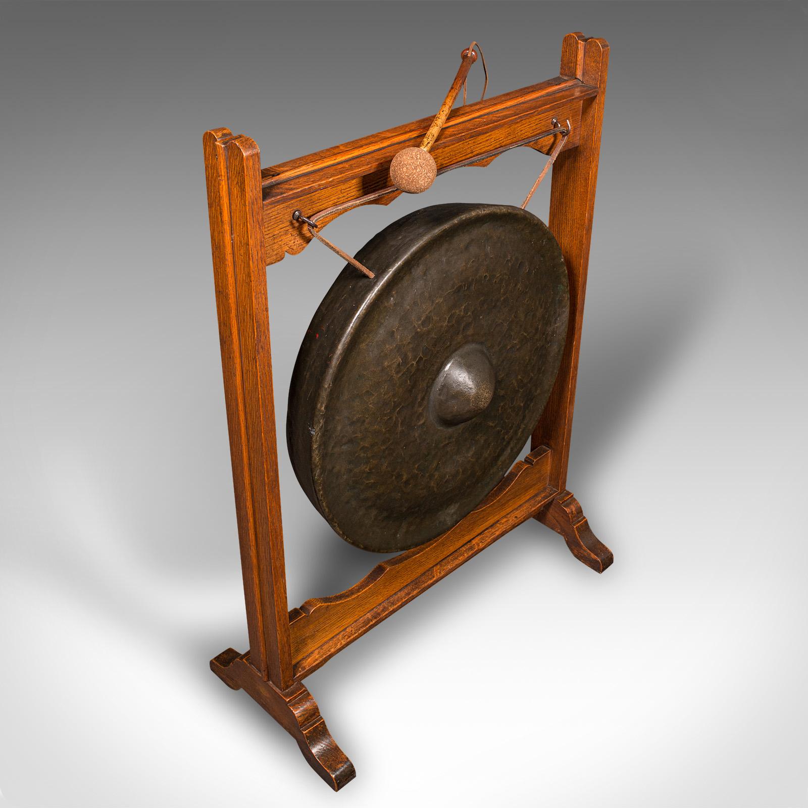 British Large Antique Ceremonial Dinner Gong, English, Oak, Bronze, Victorian, c.1900