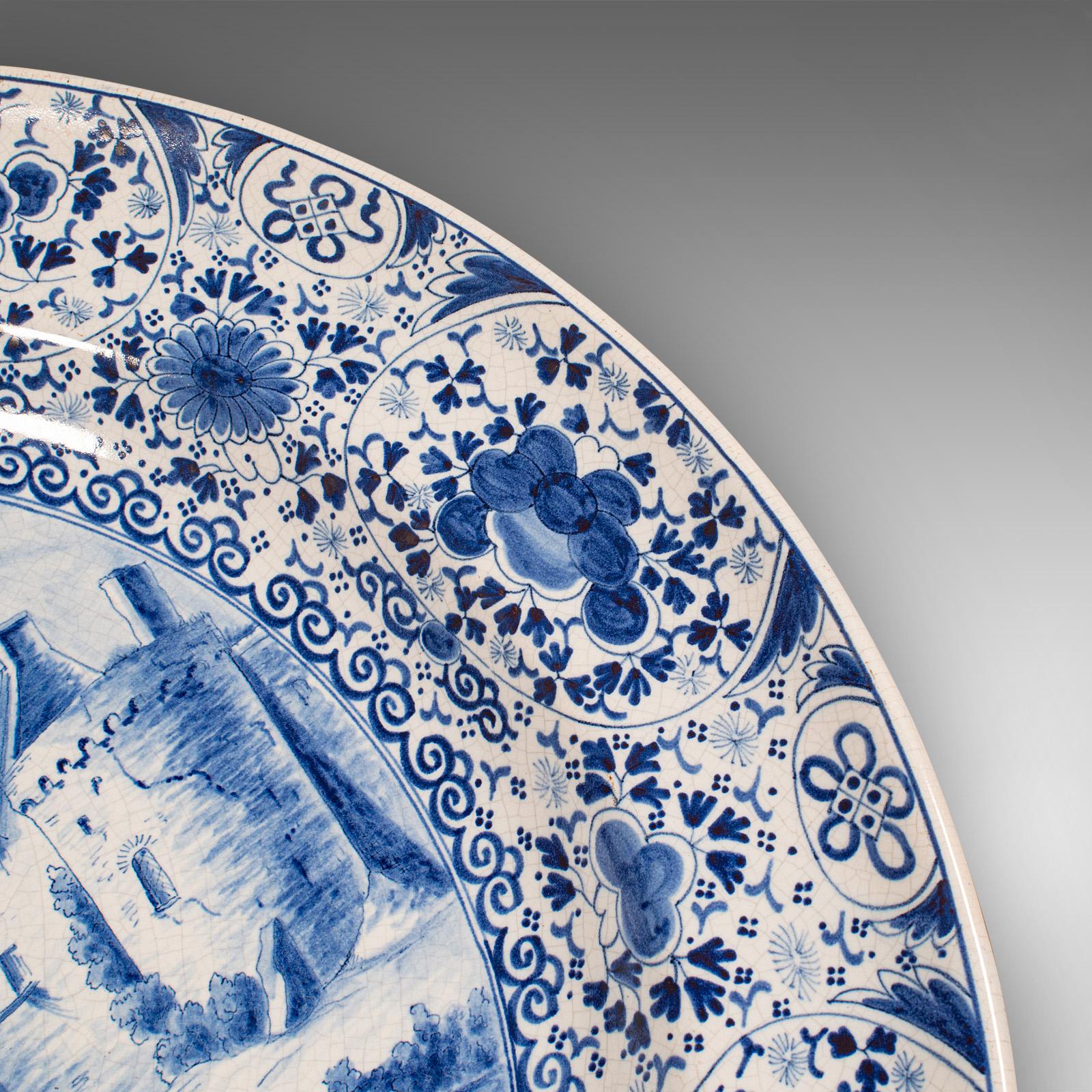 Large Antique Charger, Belgian, Ceramic, Serving Plate, Blue & White, Circa 1920 For Sale 4