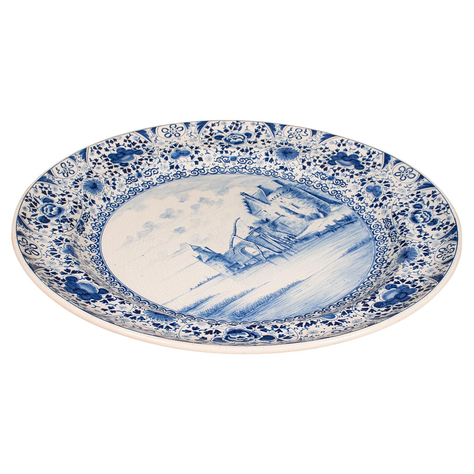Large Antique Charger, Belgian, Ceramic, Serving Plate, Blue & White, Circa 1920 For Sale