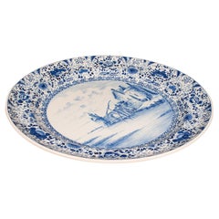 Large Used Charger, Belgian, Ceramic, Serving Plate, Blue & White, Circa 1920