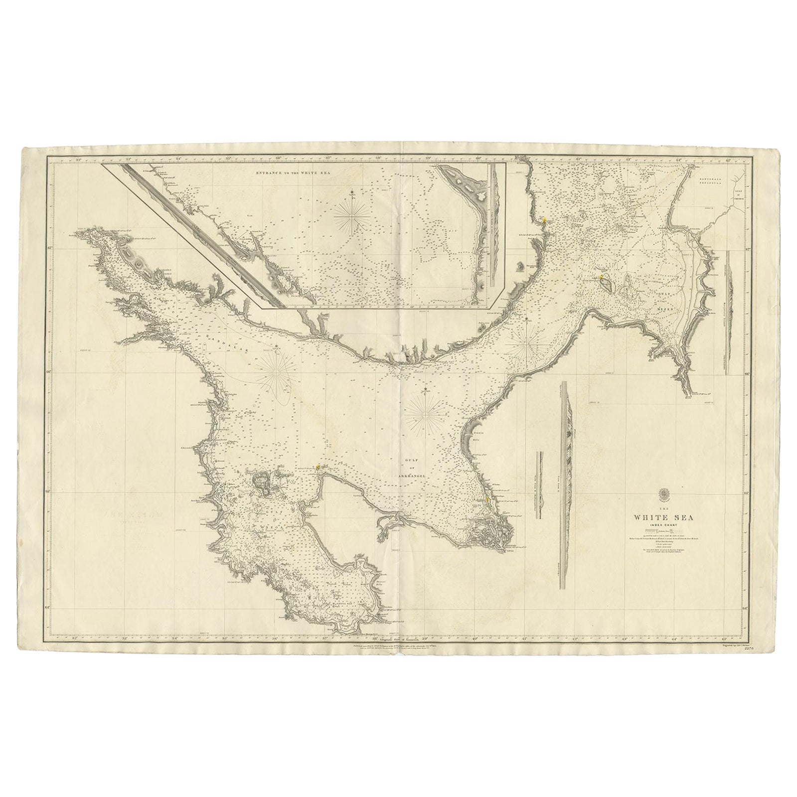 Gran Carta Antigua del Mar Blanco, Russa 1854 en venta