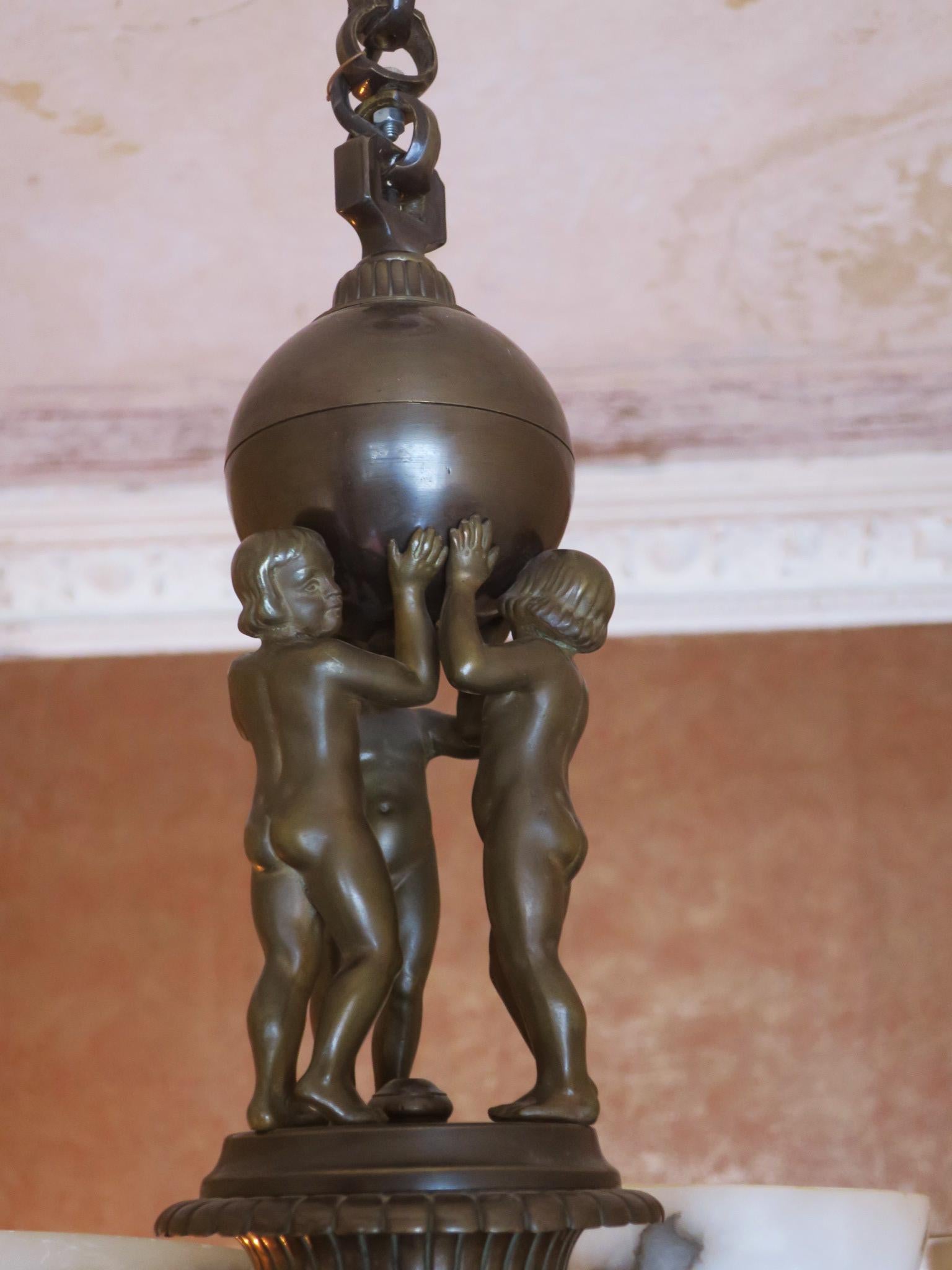 Large Antique Cherub Figural  Alabaster and Bronze Six Light Chandelier For Sale 1