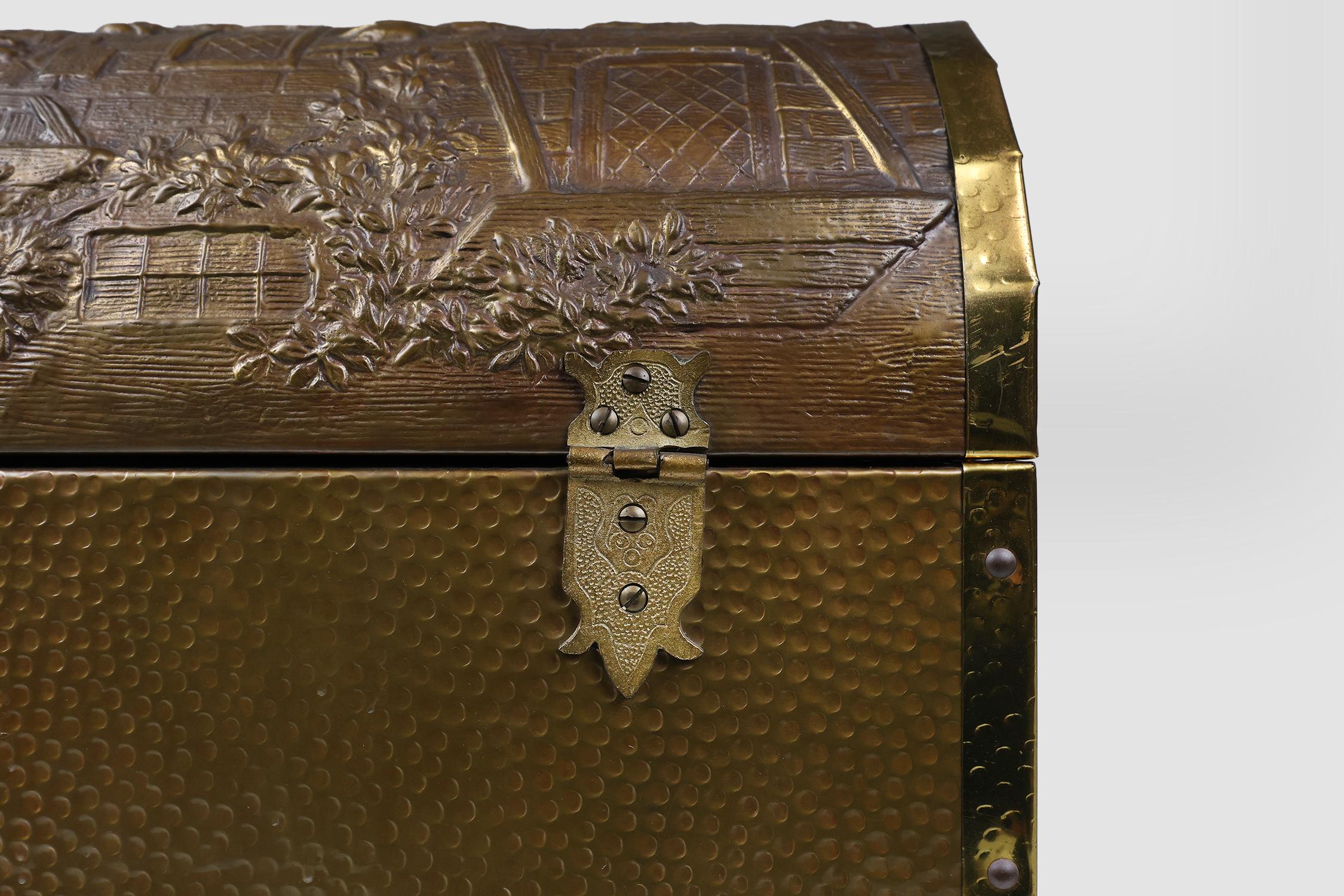 Large Antique chest covered with sculpted copper relief, Belgium ca. 1930 For Sale 2