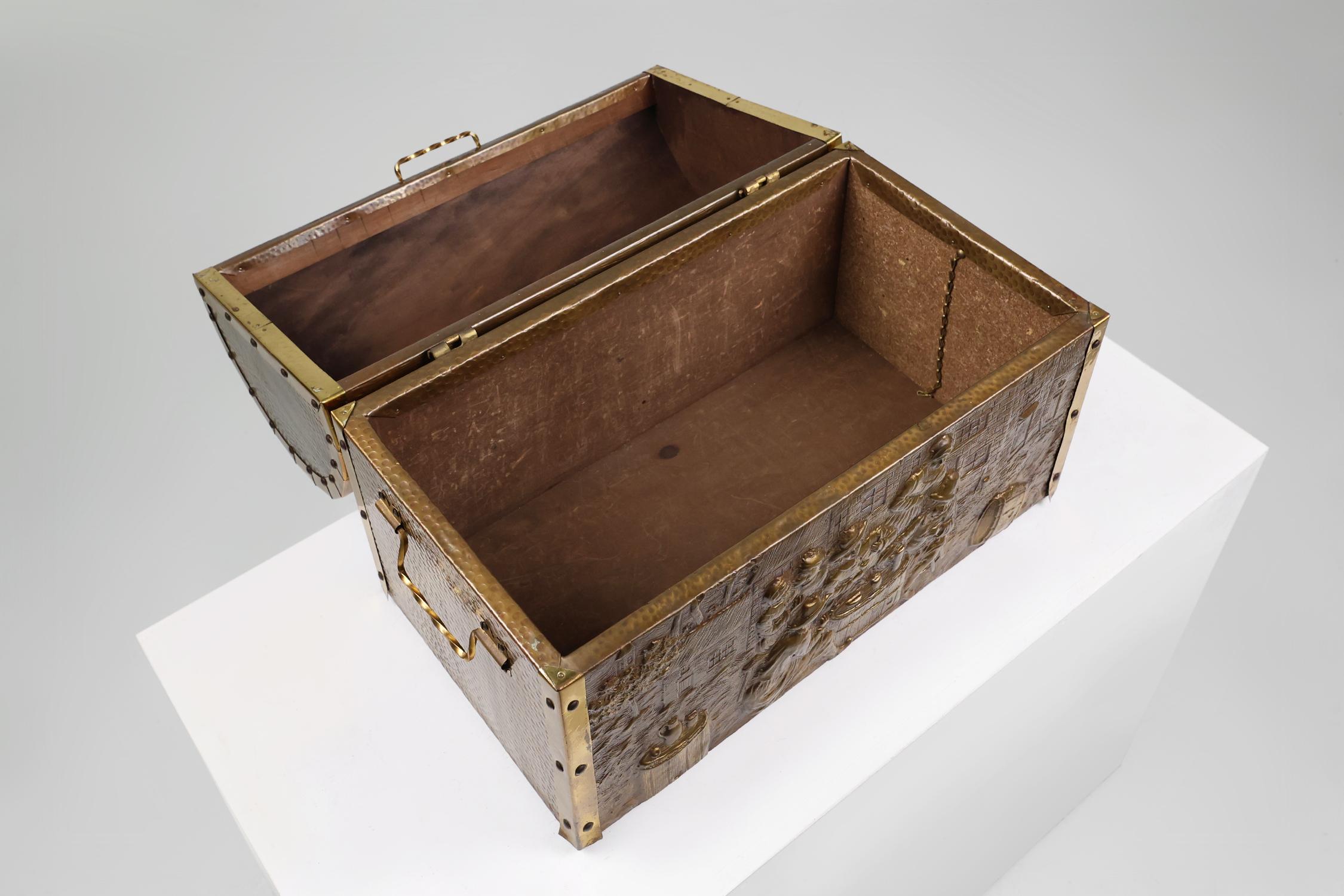Large Antique chest covered with sculpted copper relief, Belgium ca. 1930 For Sale 3