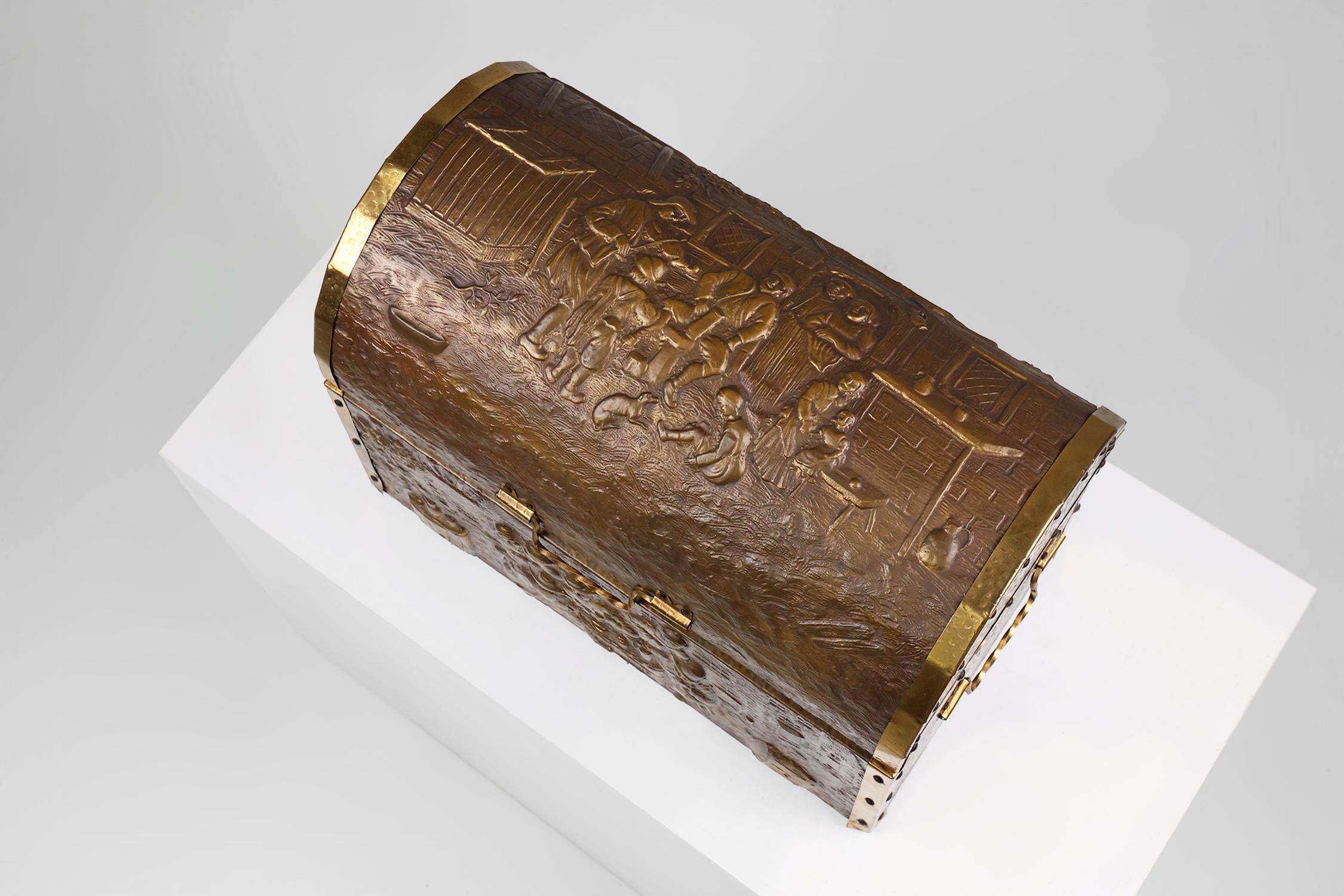 Large Antique chest covered with sculpted copper relief, Belgium ca. 1930 For Sale 4