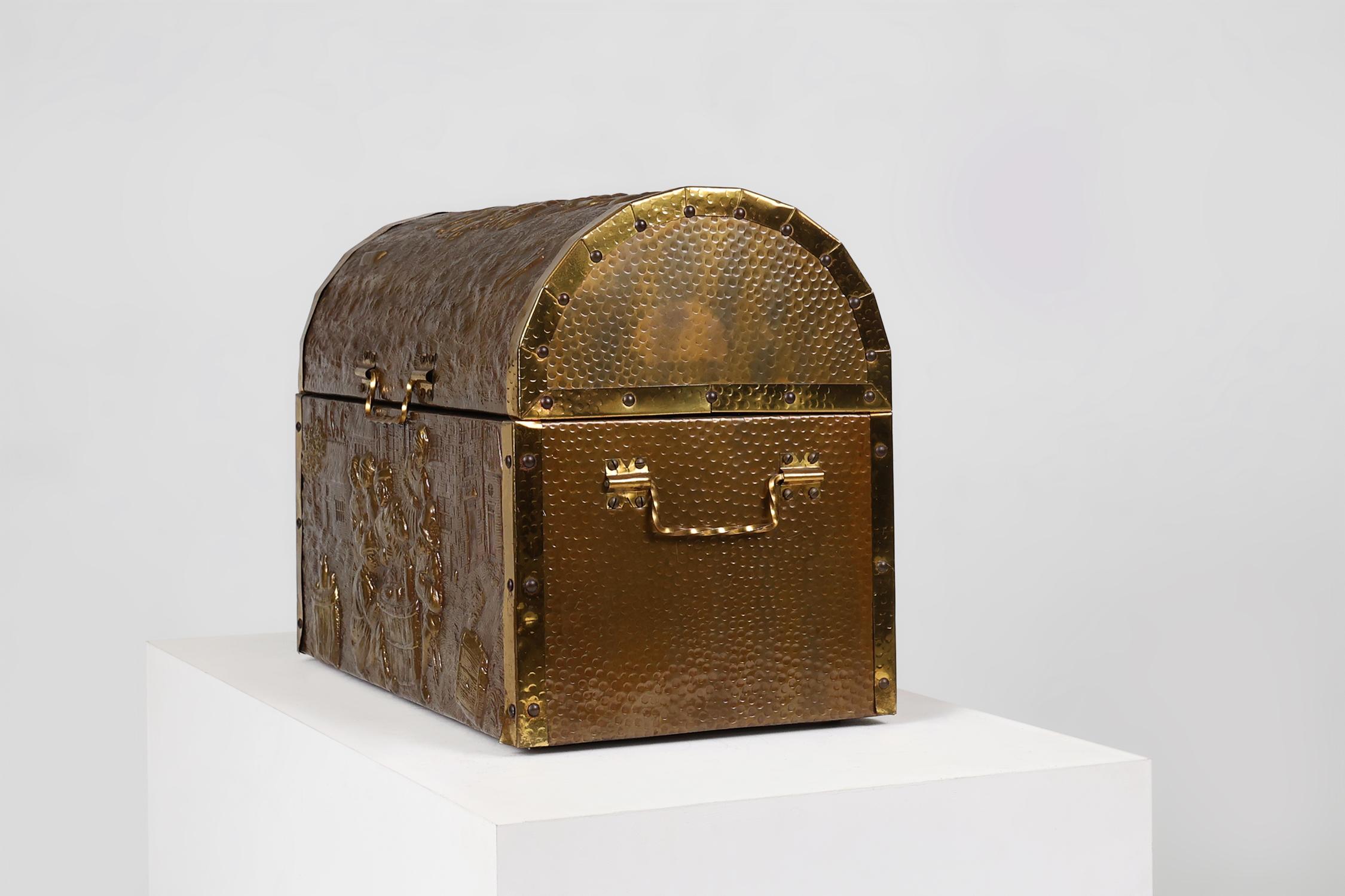 Baroque Large Antique chest covered with sculpted copper relief, Belgium ca. 1930 For Sale