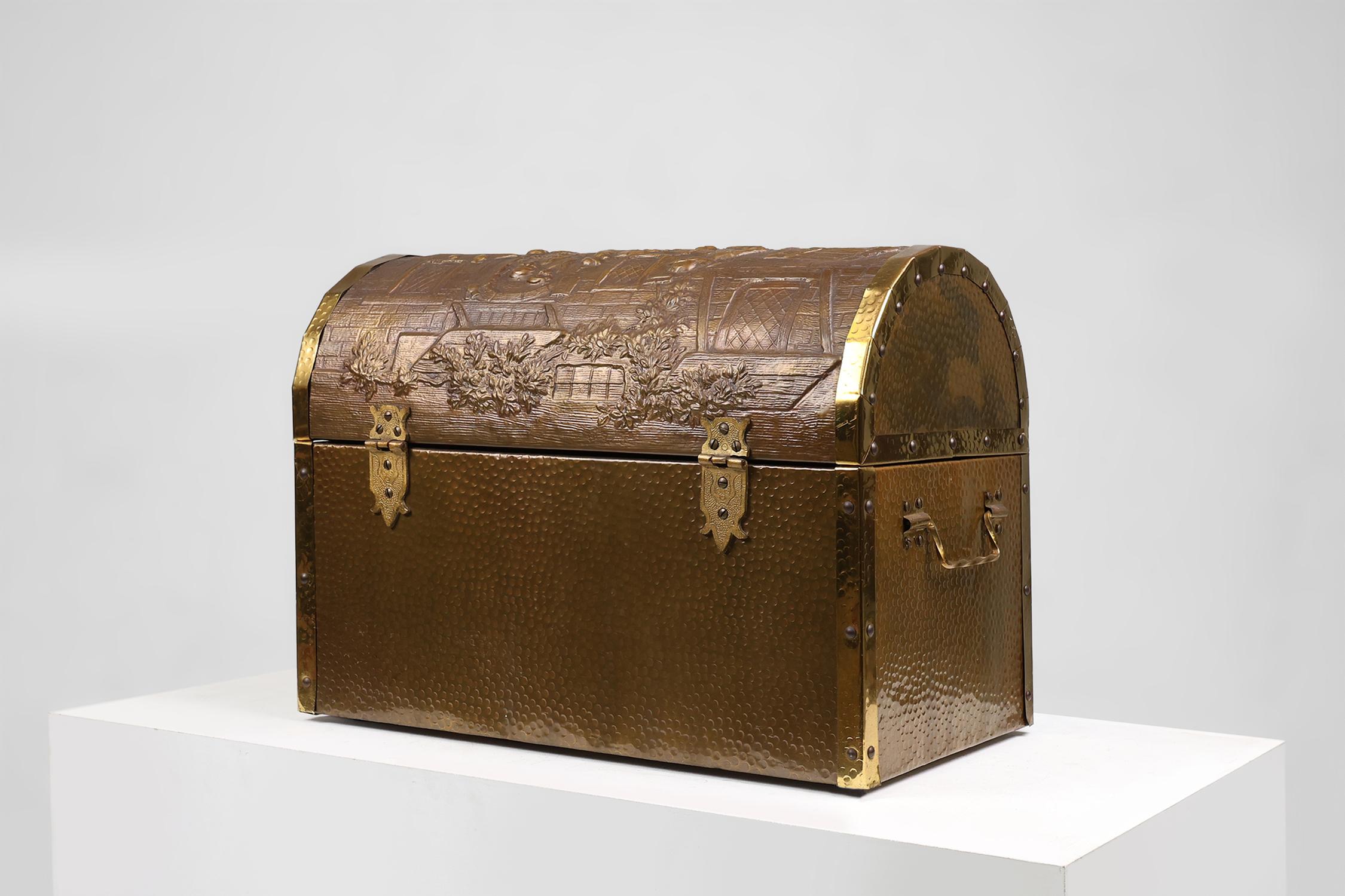 Belgian Large Antique chest covered with sculpted copper relief, Belgium ca. 1930 For Sale