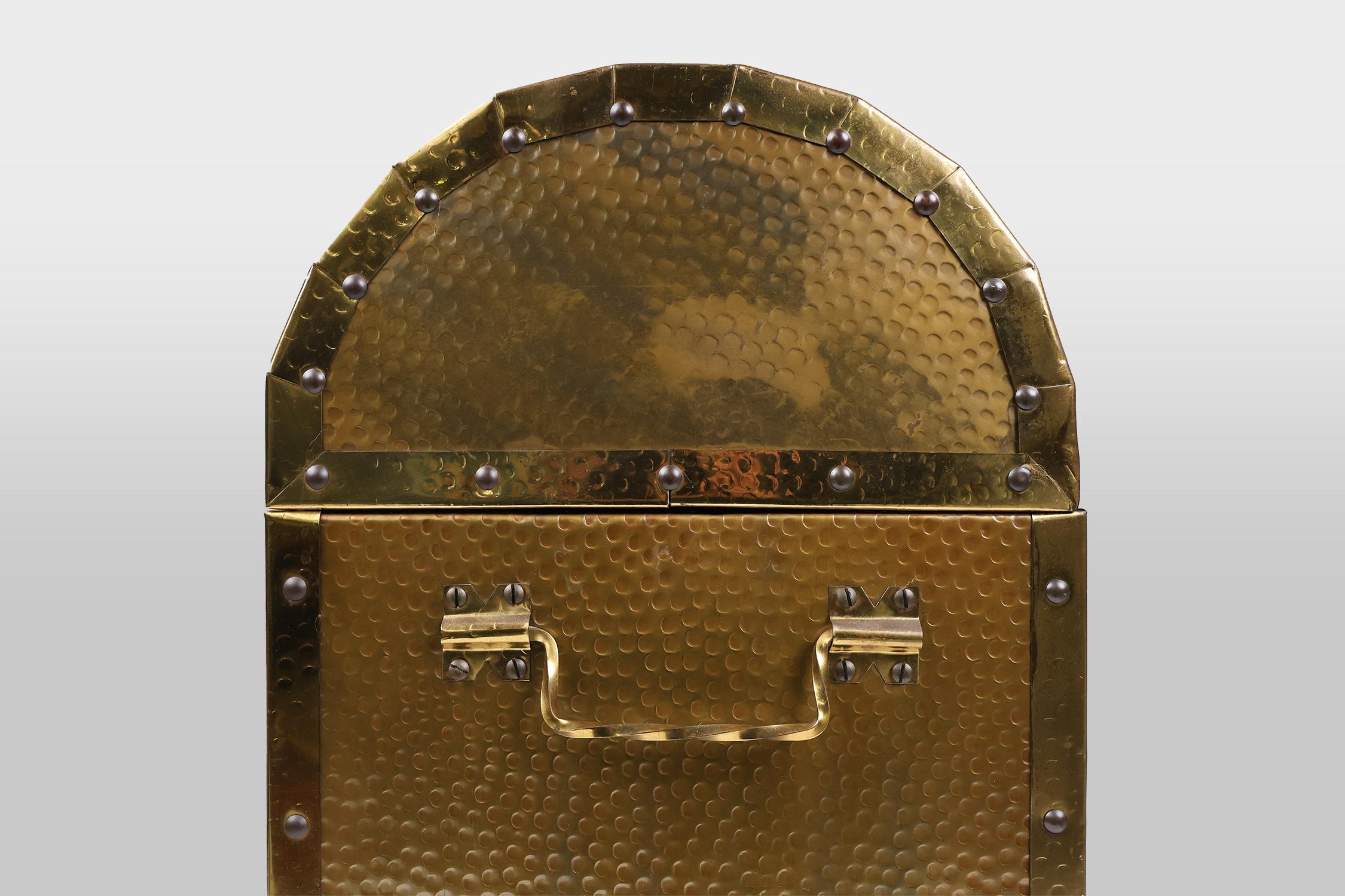 Large Antique chest covered with sculpted copper relief, Belgium ca. 1930 For Sale 1