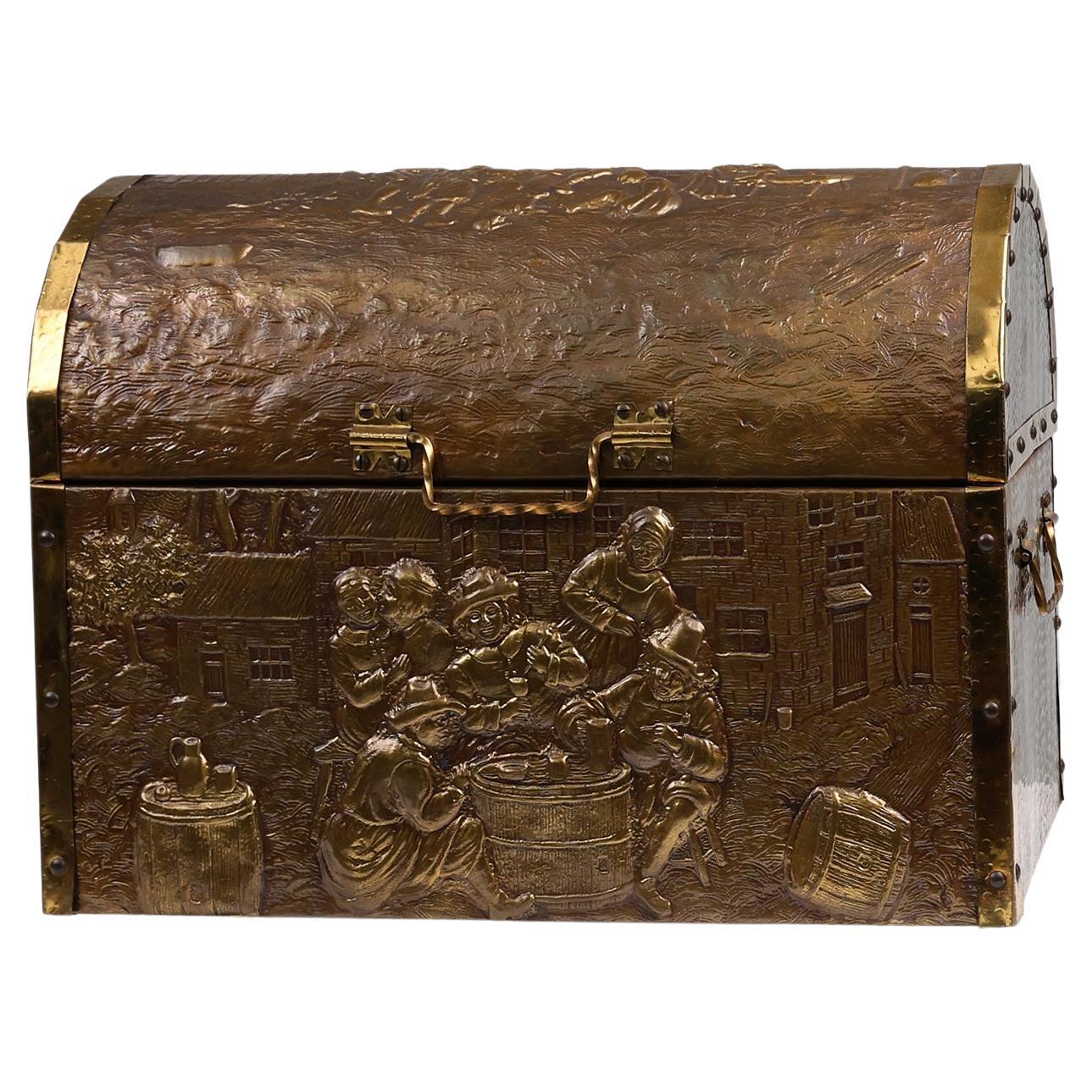 Large Antique chest covered with sculpted copper relief, Belgium ca. 1930 For Sale