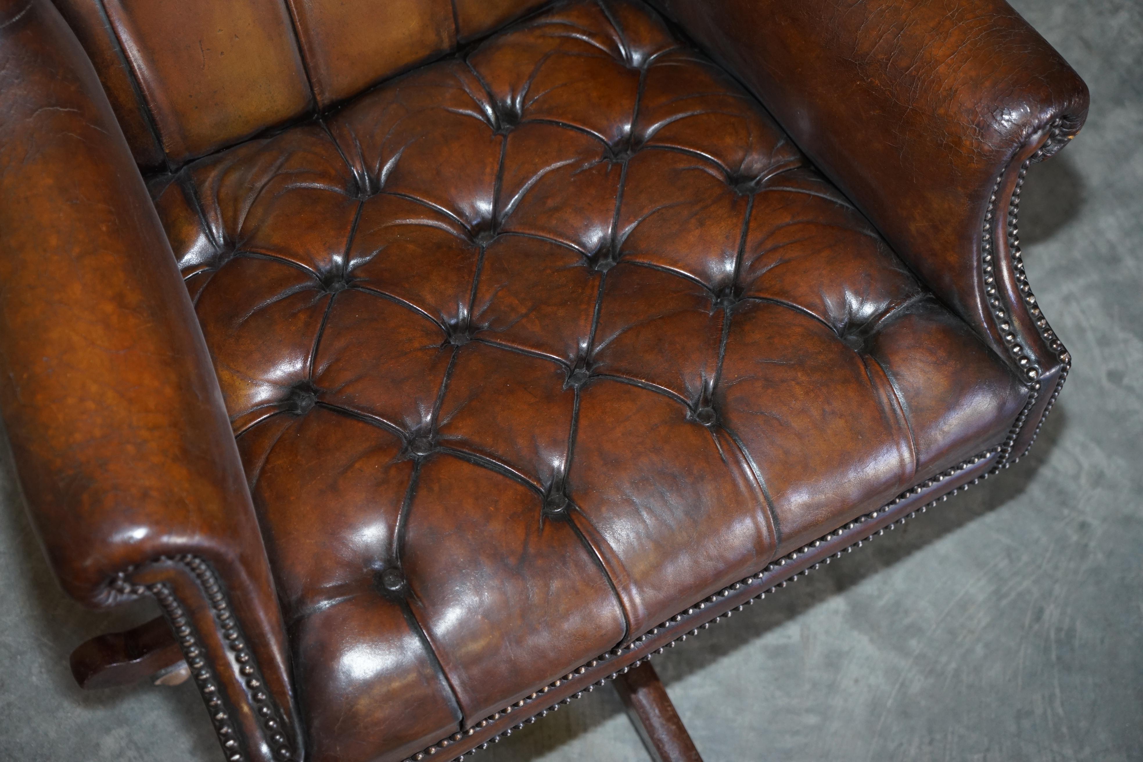 Large Antique Chesterfield Leather Wingback Captains Directors Swivel Armchair 1