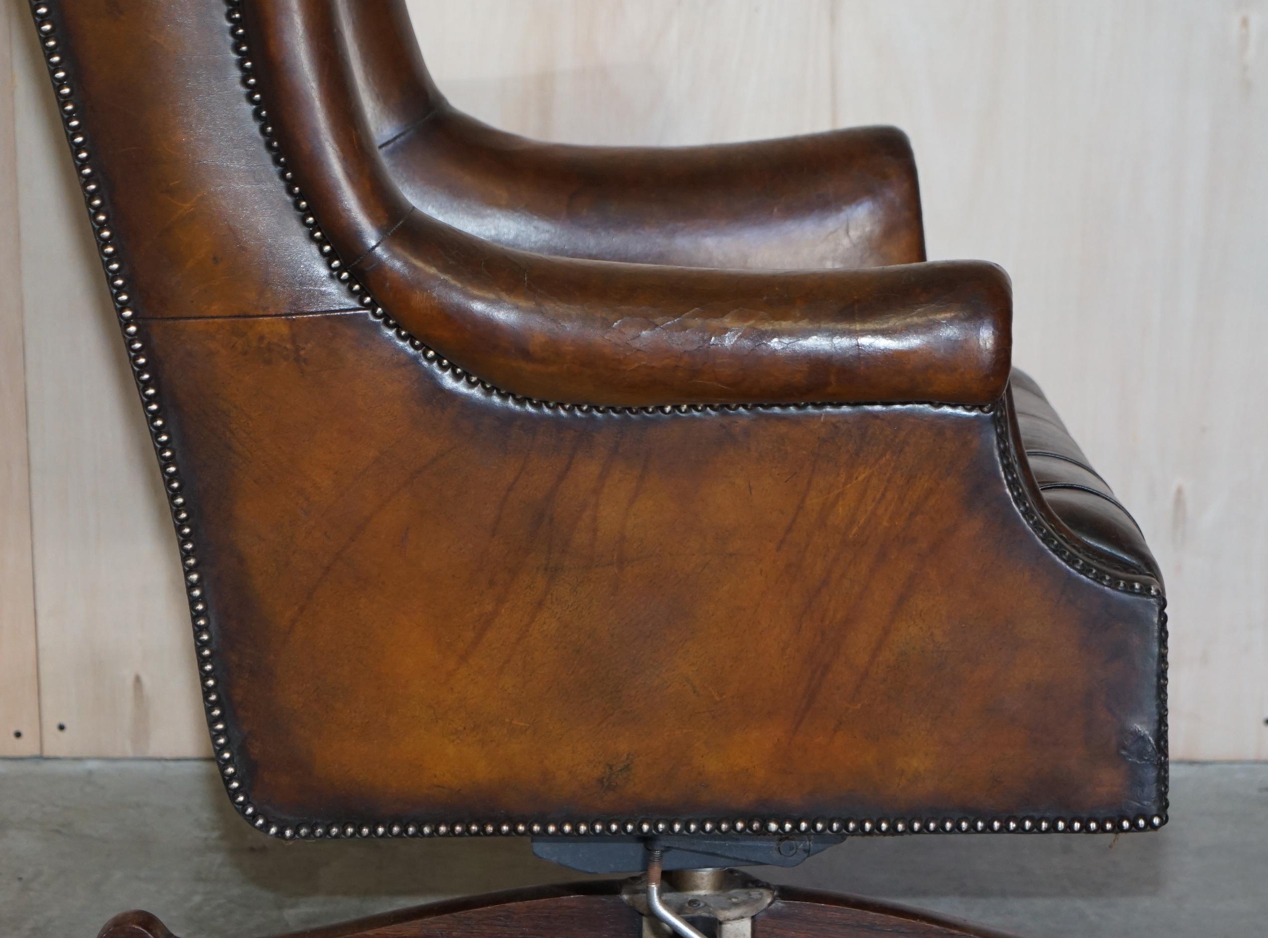 Large Antique Chesterfield Leather Wingback Captains Directors Swivel Armchair 6