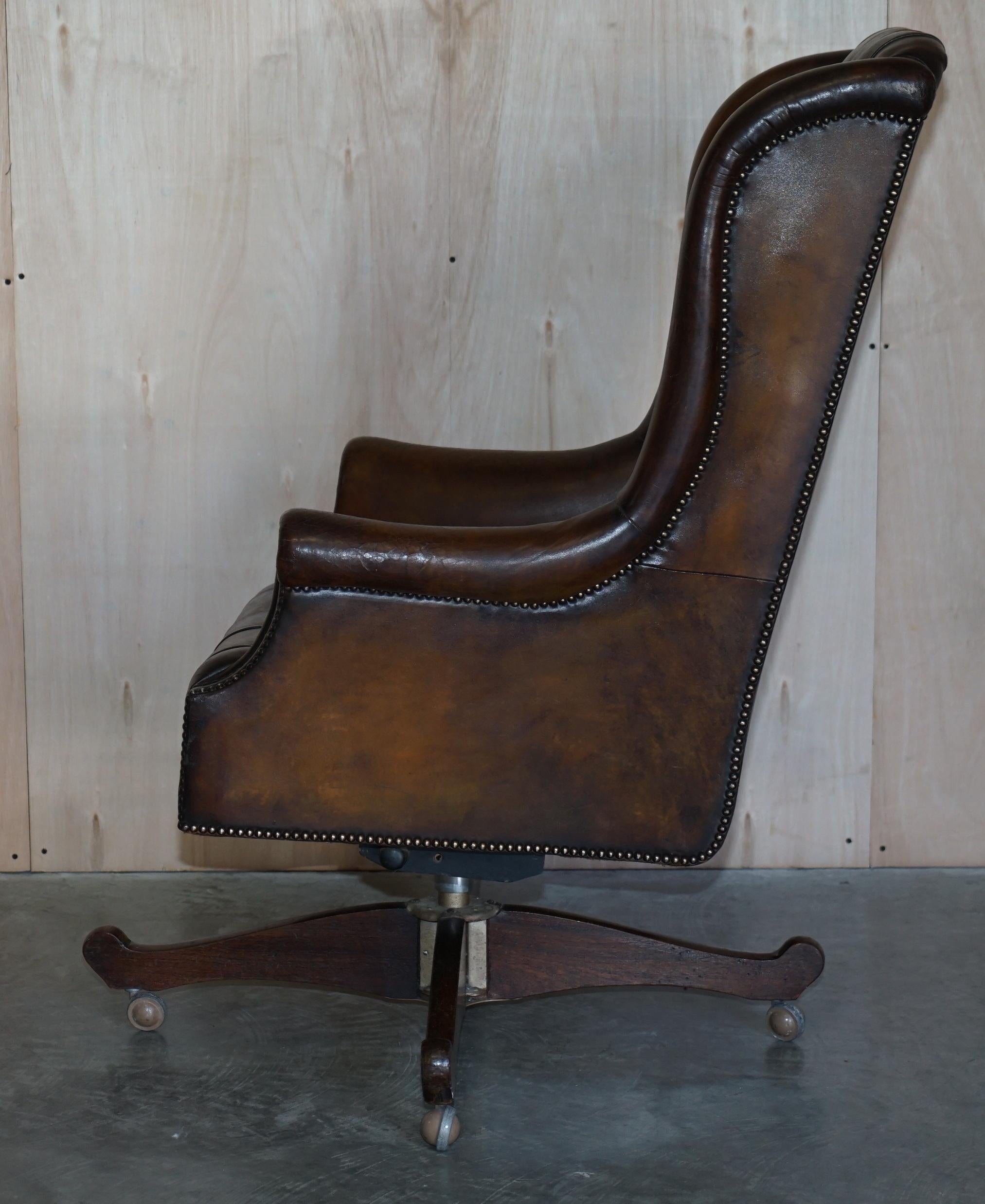 Large Antique Chesterfield Leather Wingback Captains Directors Swivel Armchair 8