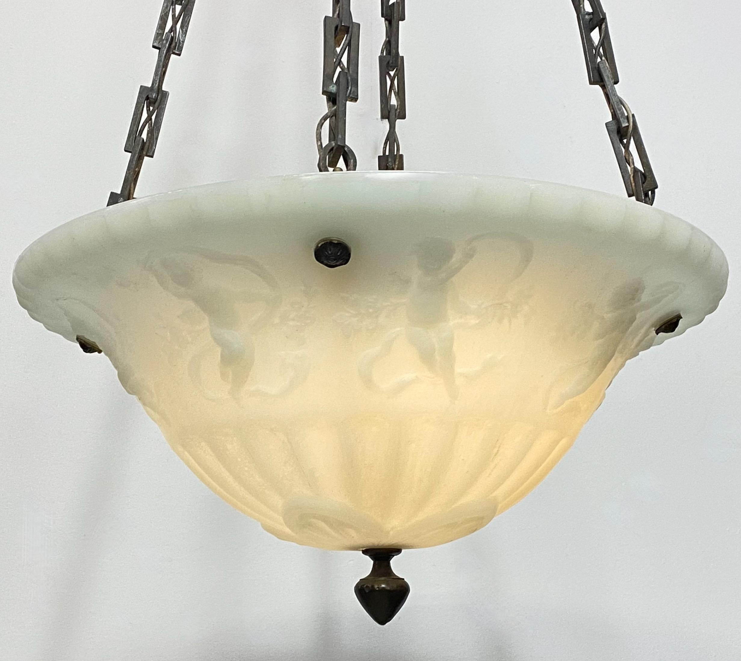American Large Antique Chicago Glass Co. Cast Glass Hanging Light Fixture, circa 1915 For Sale