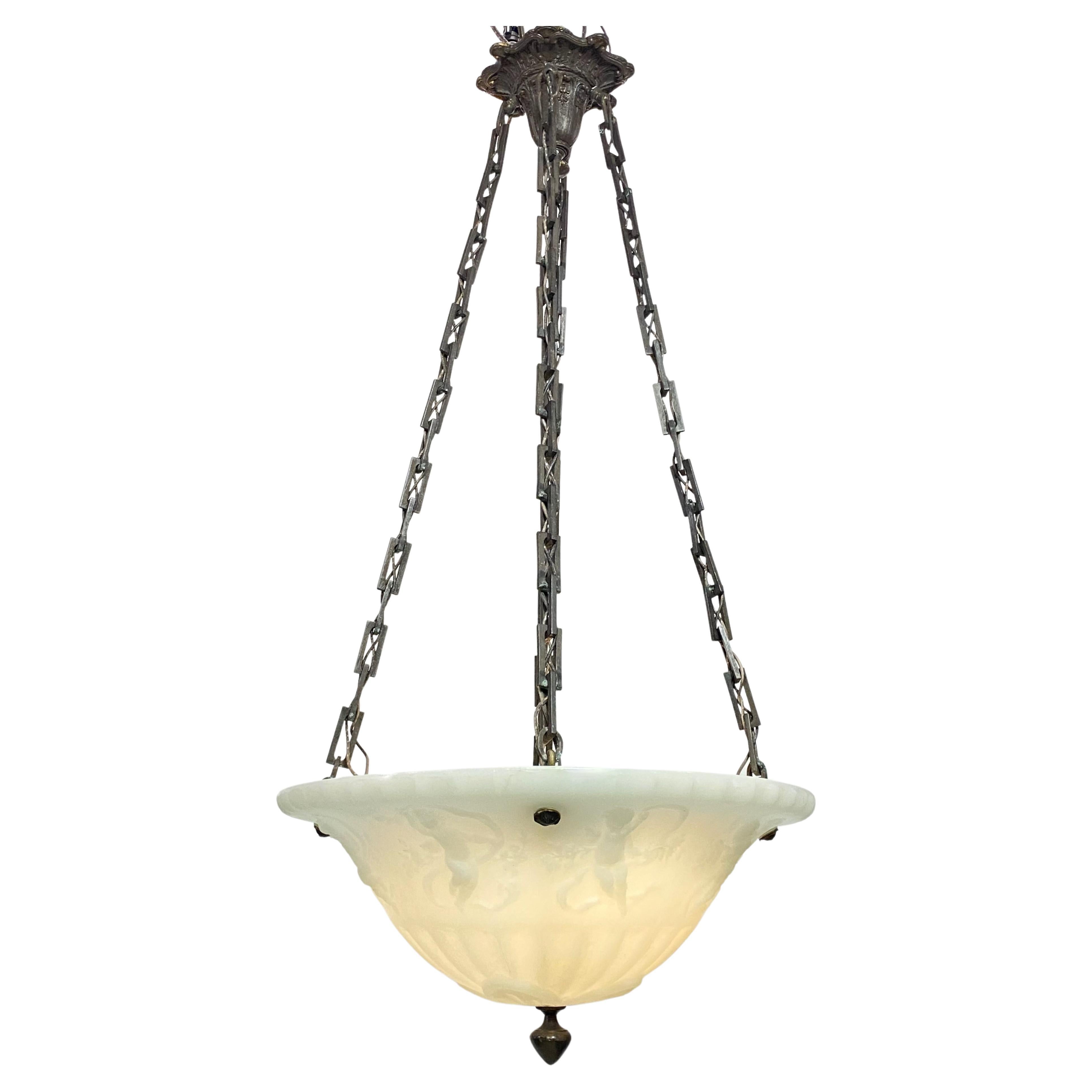 Large Antique Chicago Glass Co. Cast Glass Hanging Light Fixture, circa 1915 For Sale