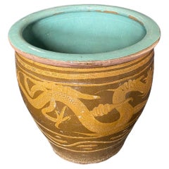 Grande jardinière chinoise ancienne en poterie d'art à l'œuf noir