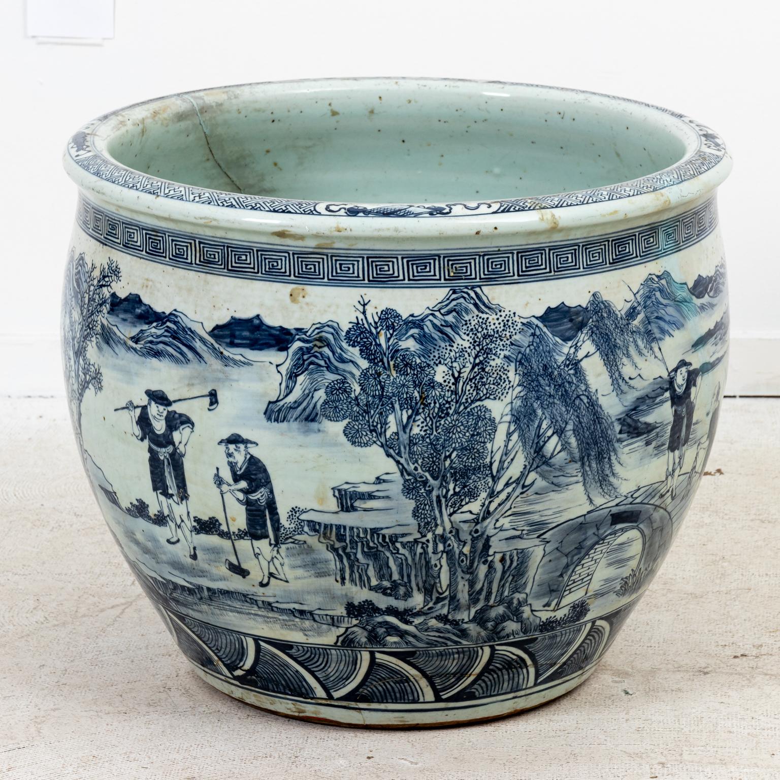 Painted Large Antique Chinese Blue and White Cache Pot