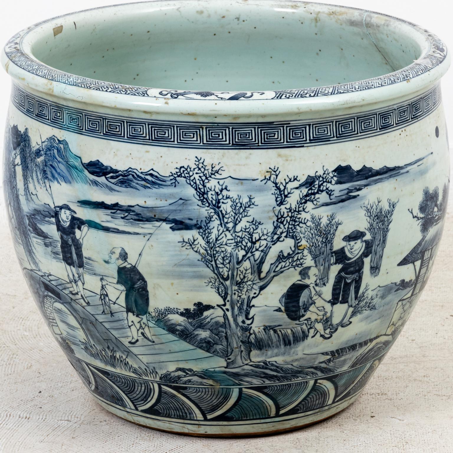 Porcelain Large Antique Chinese Blue and White Cache Pot