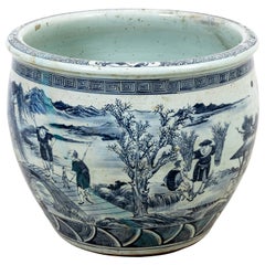 Large Antique Chinese Blue and White Cache Pot
