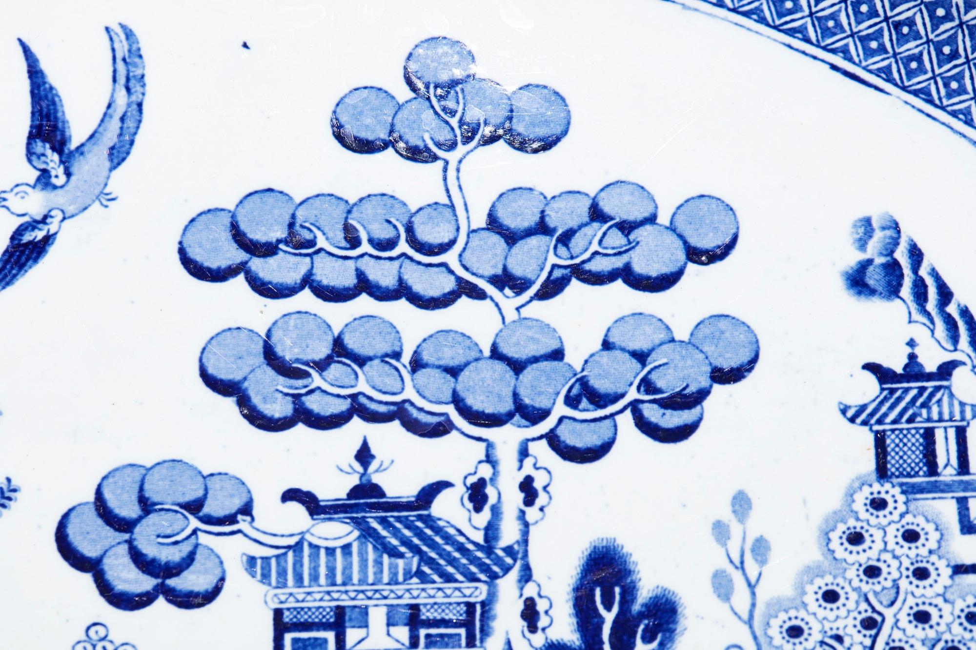 Large Antique Chinese Blue and White Willow Pattern Meat Platter 5