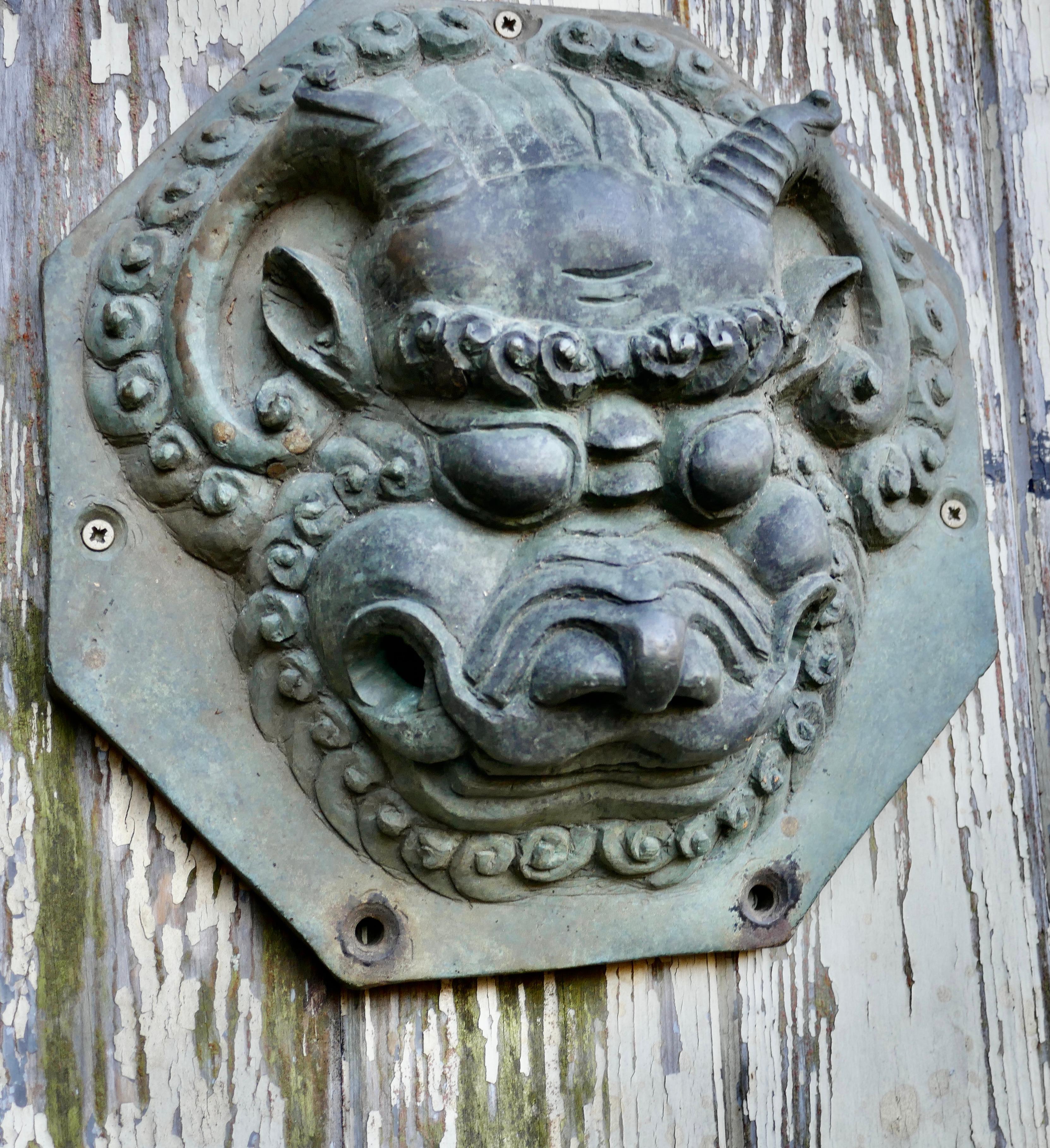 Große antike chinesische Bronze Foo Dog Foo Löwen-Türteller     im Angebot 1
