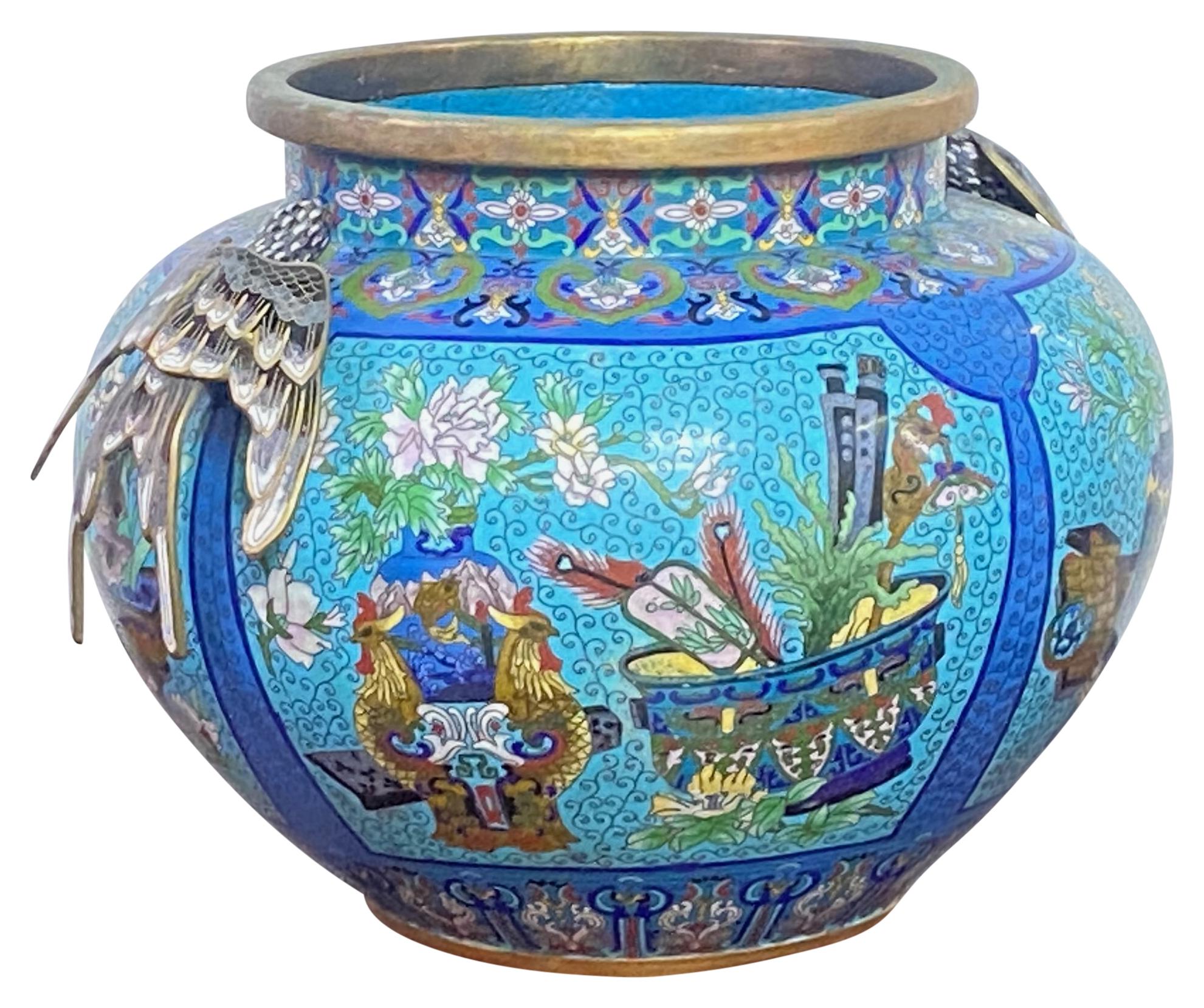 Chinese Export Large Antique Chinese Cloisonné and Brass Urn For Sale