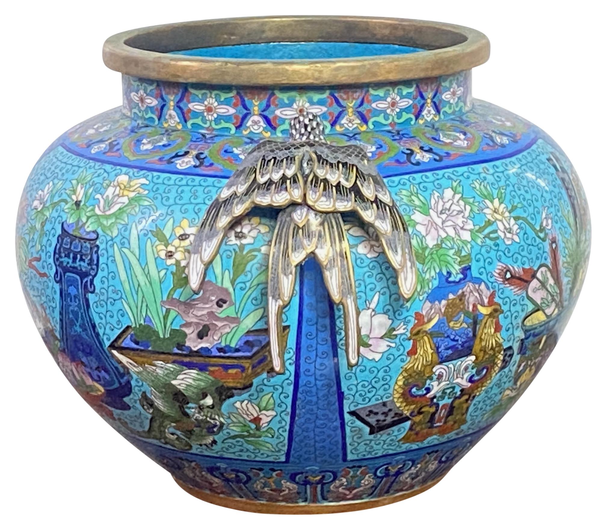 Cloissoné Large Antique Chinese Cloisonné and Brass Urn For Sale