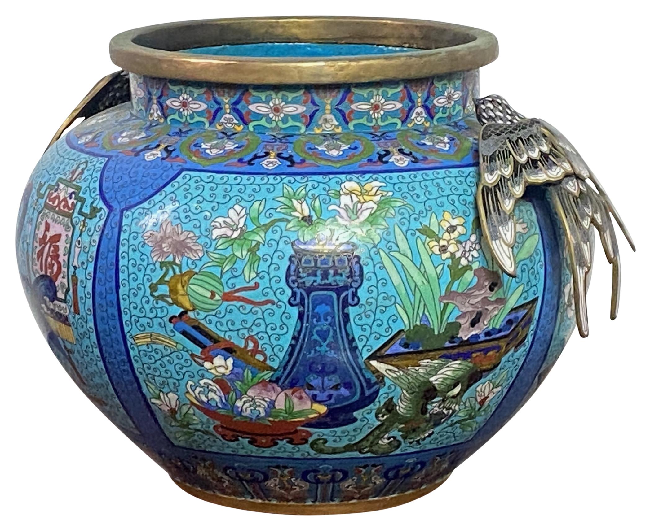 Cloisonné Grande urne chinoise ancienne en cloisonné et laiton en vente