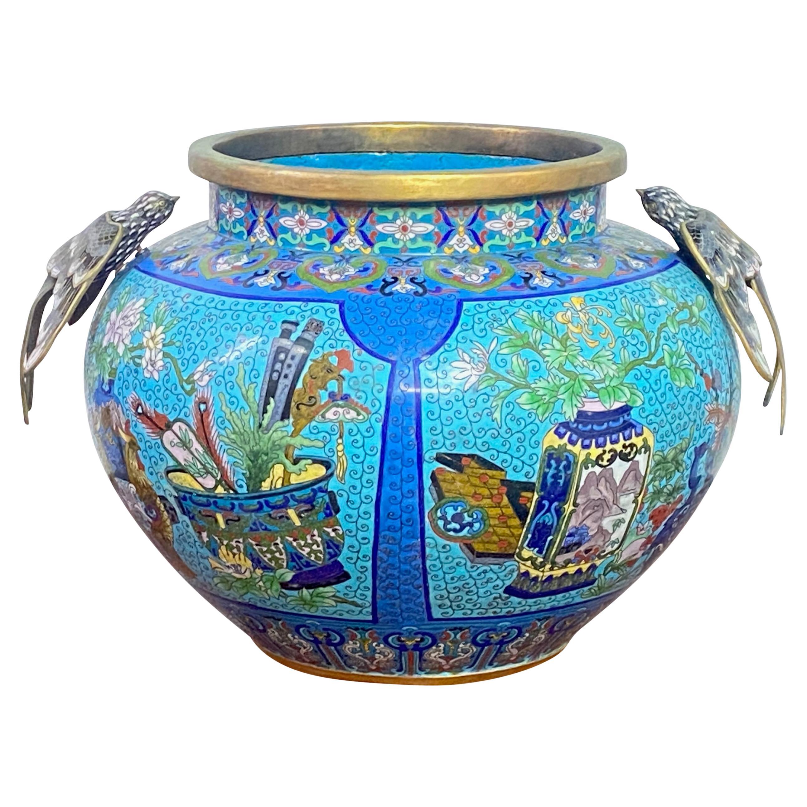 Large Antique Chinese Cloisonné and Brass Urn For Sale