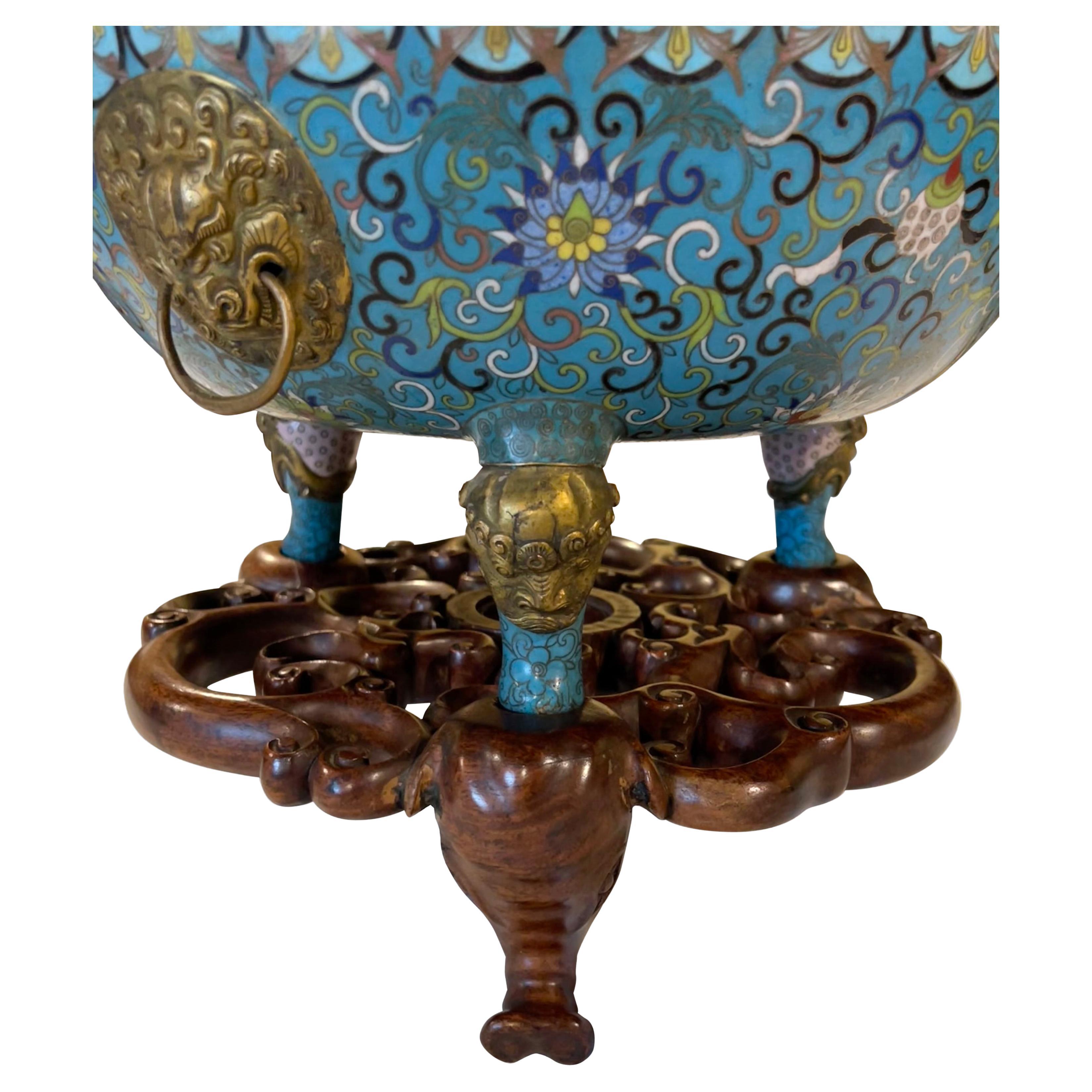 Raffinata e grande ciotola in cloisonne della dinastia Qing su un antico supporto in legno duro personalizzato. 