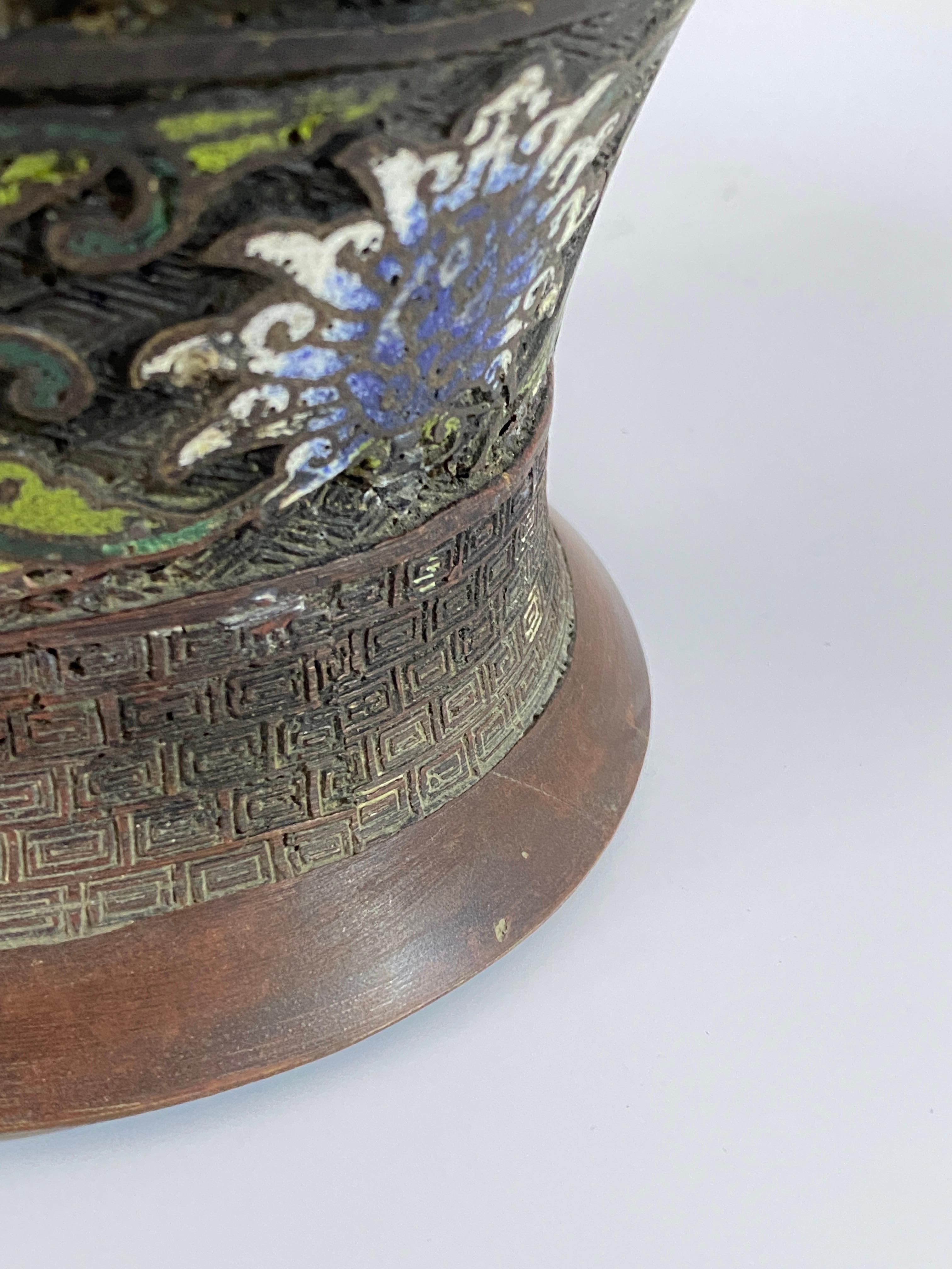 19th Century Large Antique Chinese Cloisonné Champlevé Bronze Vase, China, circa 1890 For Sale