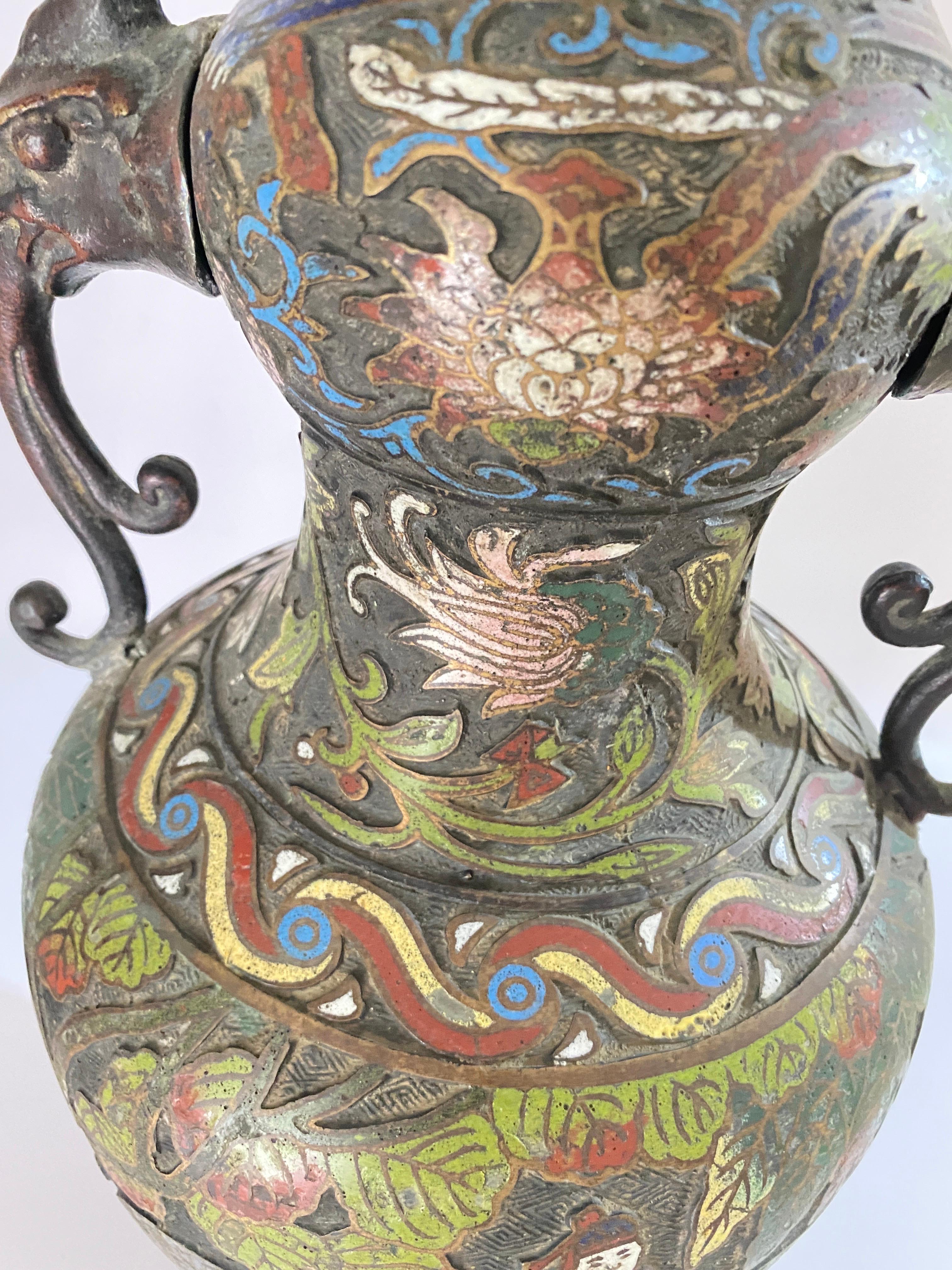 Large Antique Chinese Cloisonné Champlevé Bronze Vase, China, circa 1890 For Sale 2