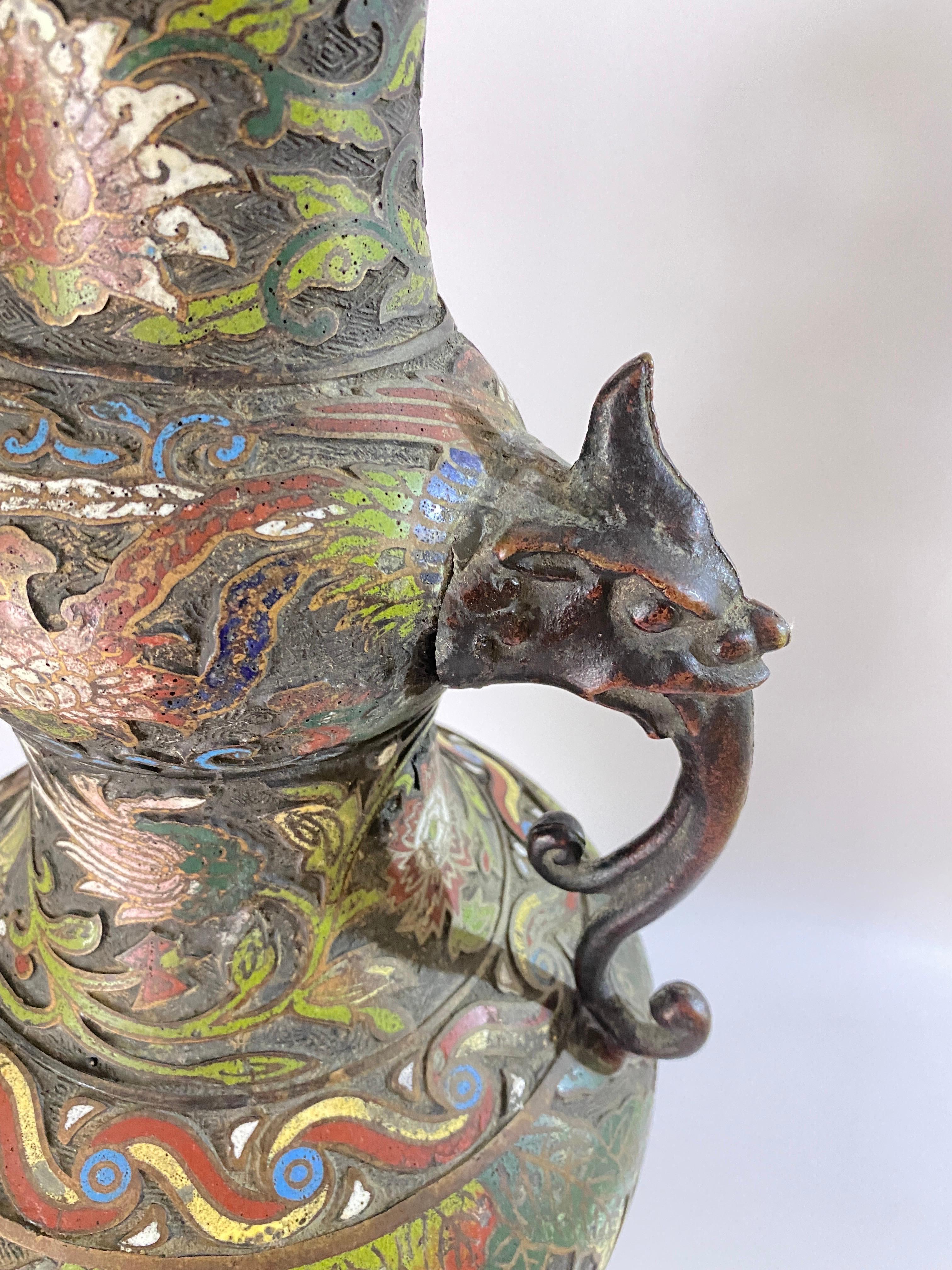 Large Antique Chinese Cloisonné Champlevé Bronze Vase, China, circa 1890 For Sale 3