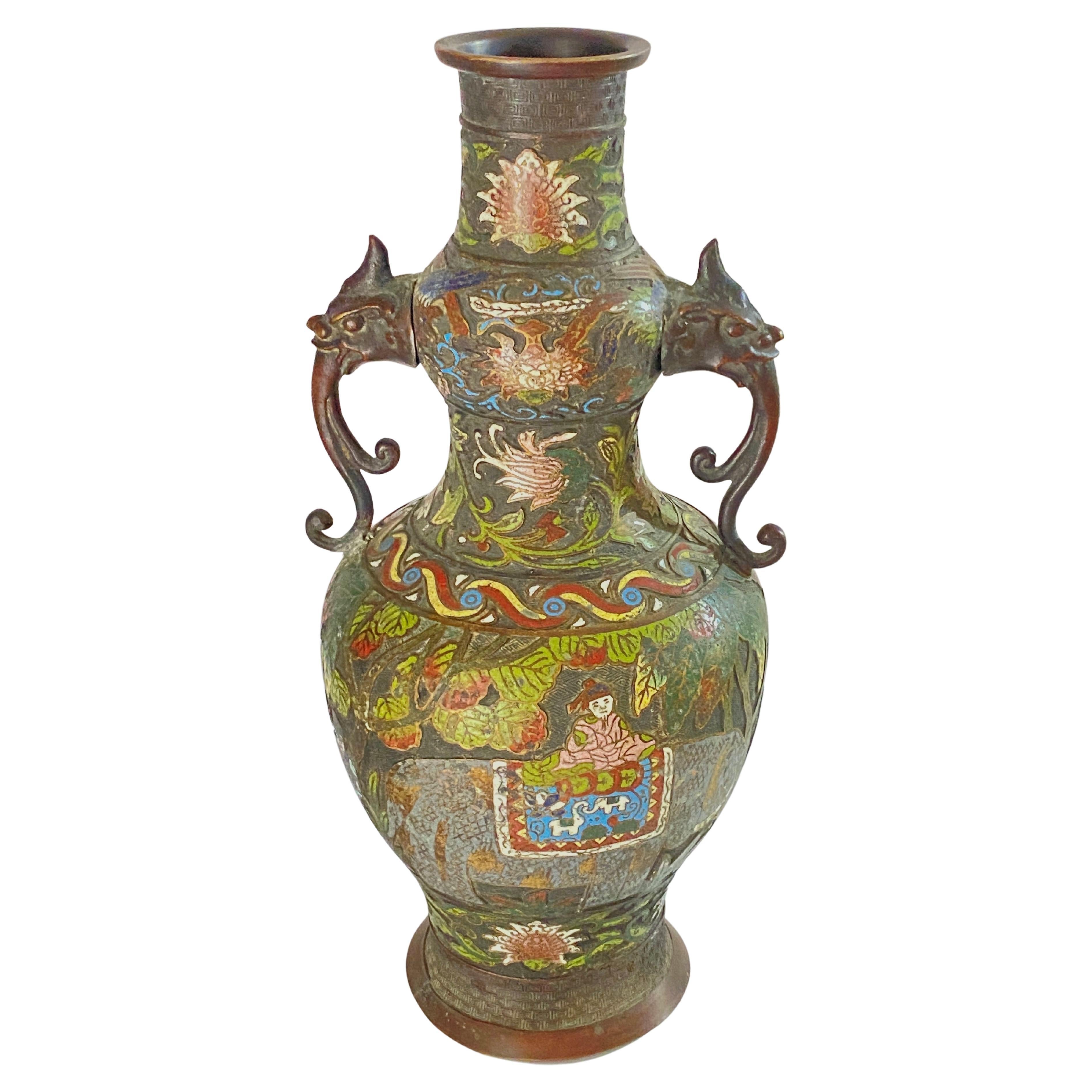 Large Antique Chinese Cloisonné Champlevé Bronze Vase, China, circa 1890