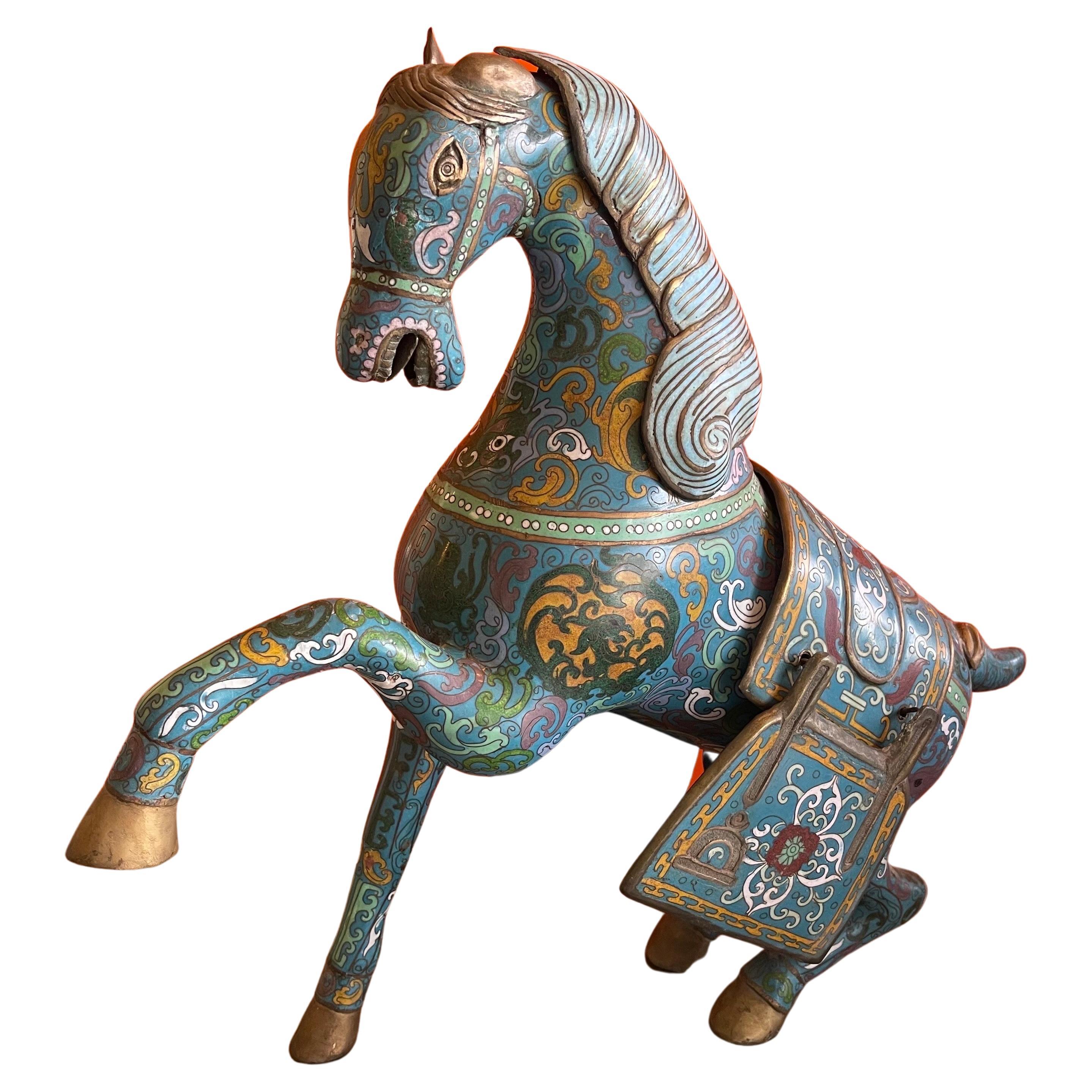 Chinoiserie Large Antique Chinese Cloisonné War Horse Sculpture