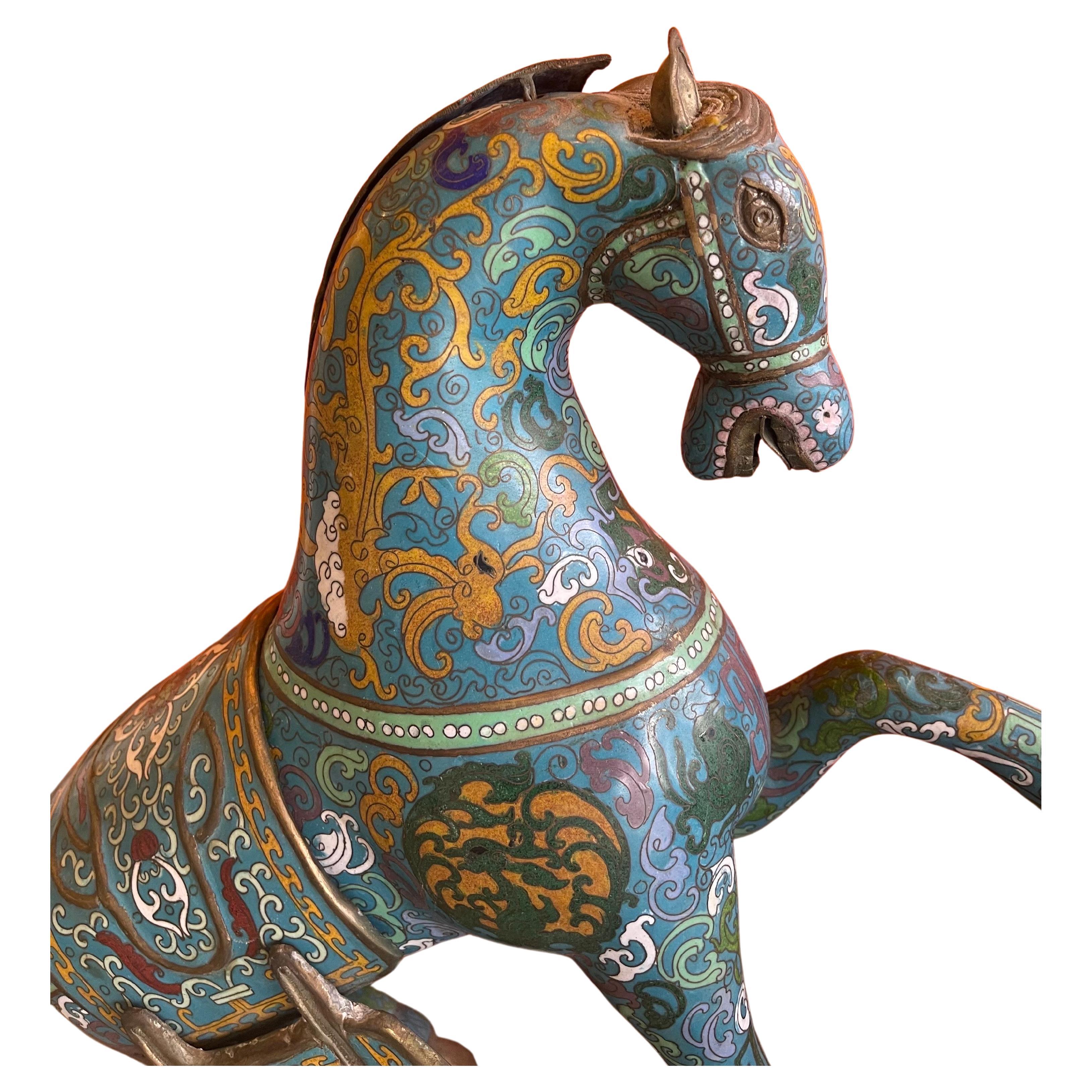 Cloissoné Large Antique Chinese Cloisonné War Horse Sculpture