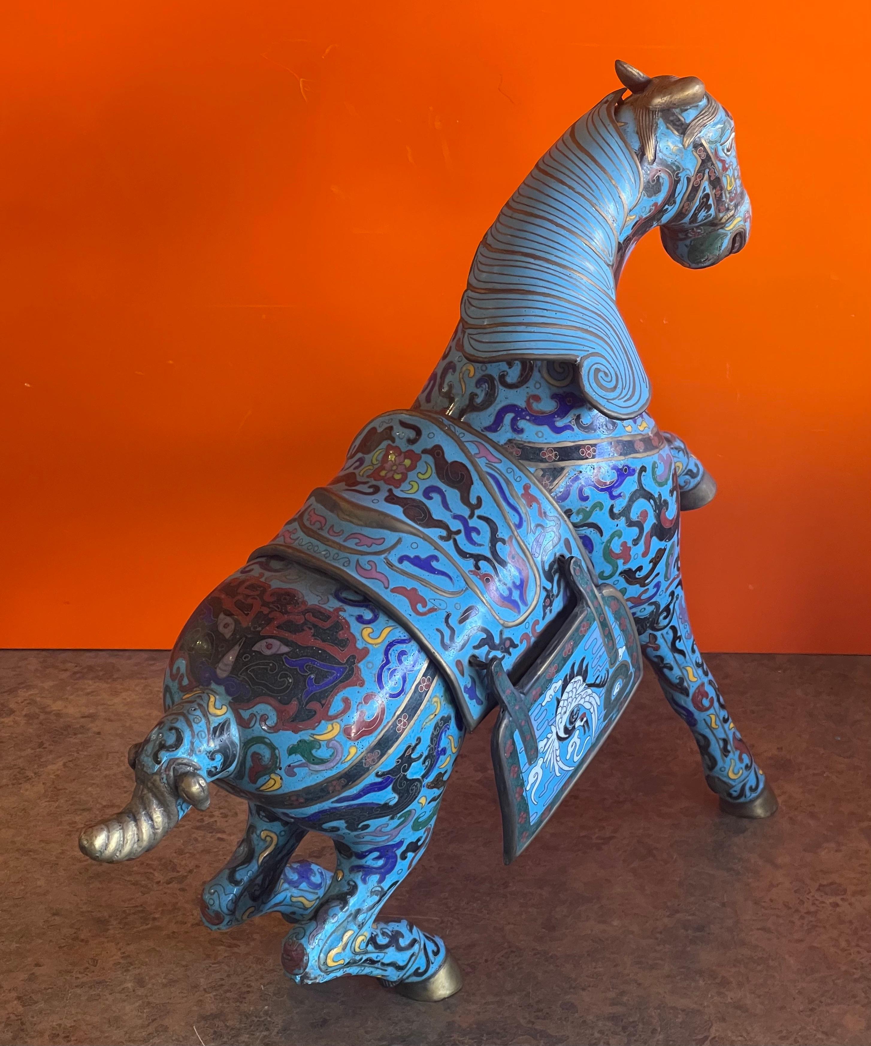 Chinoiserie Large Antique Chinese Cloisonné War Horse Sculpture For Sale