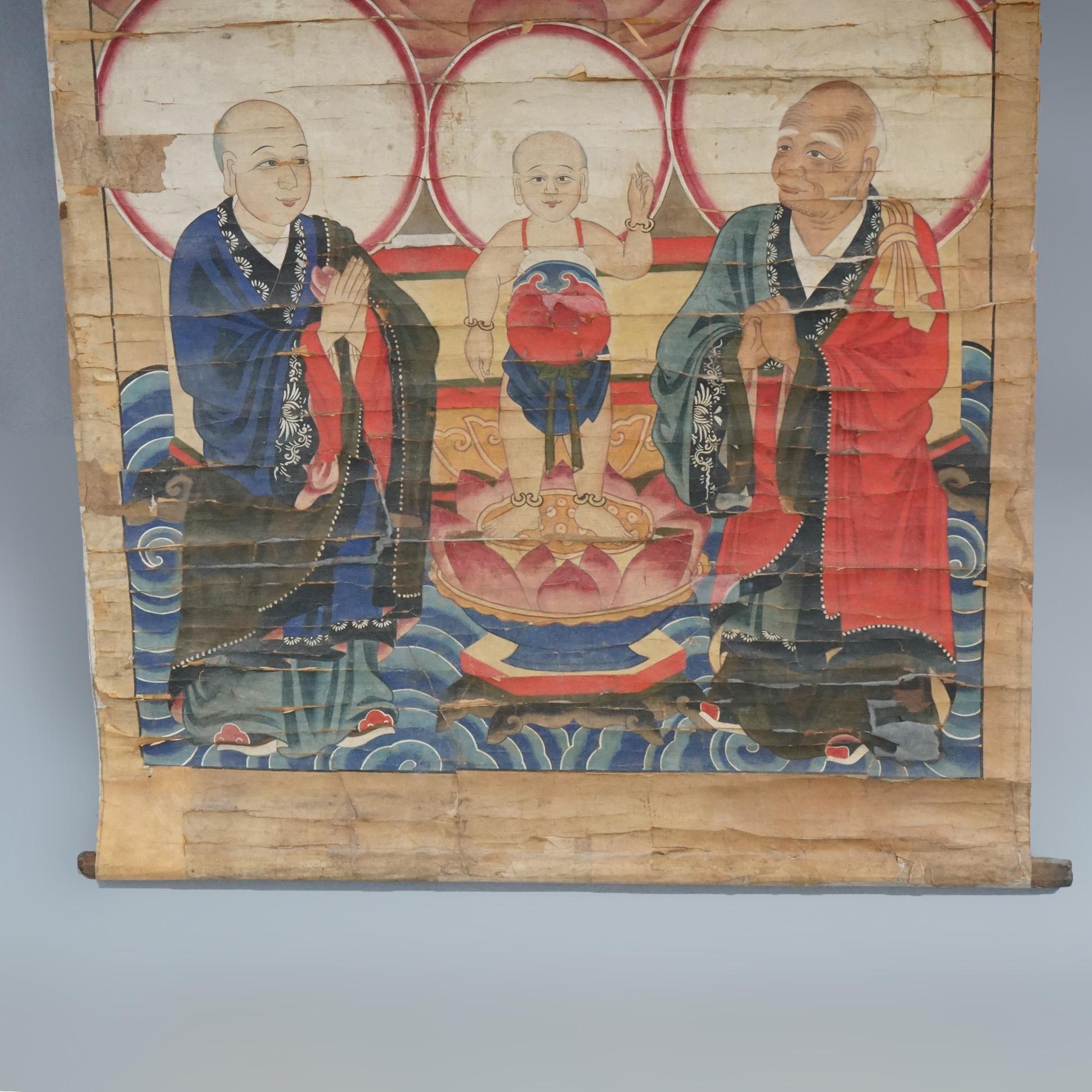 Grande peinture chinoise ancienne sur rouleau représentant une divinité, 19e siècle en vente 9