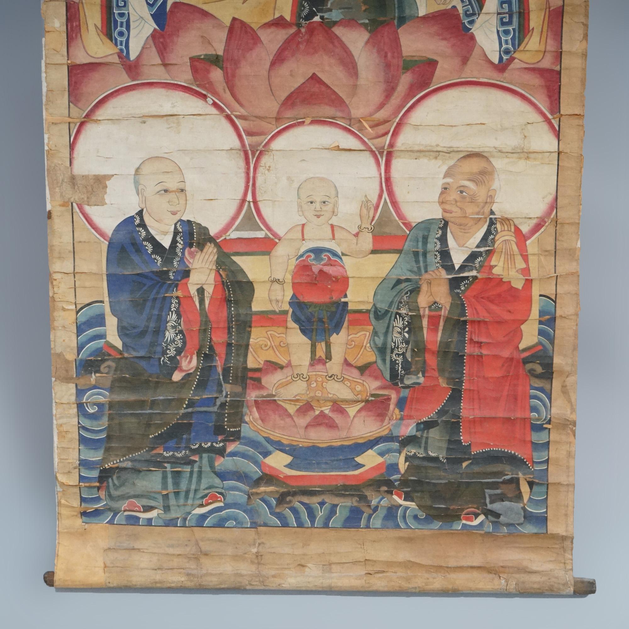 Grande peinture chinoise ancienne sur rouleau représentant une divinité, 19e siècle en vente 10
