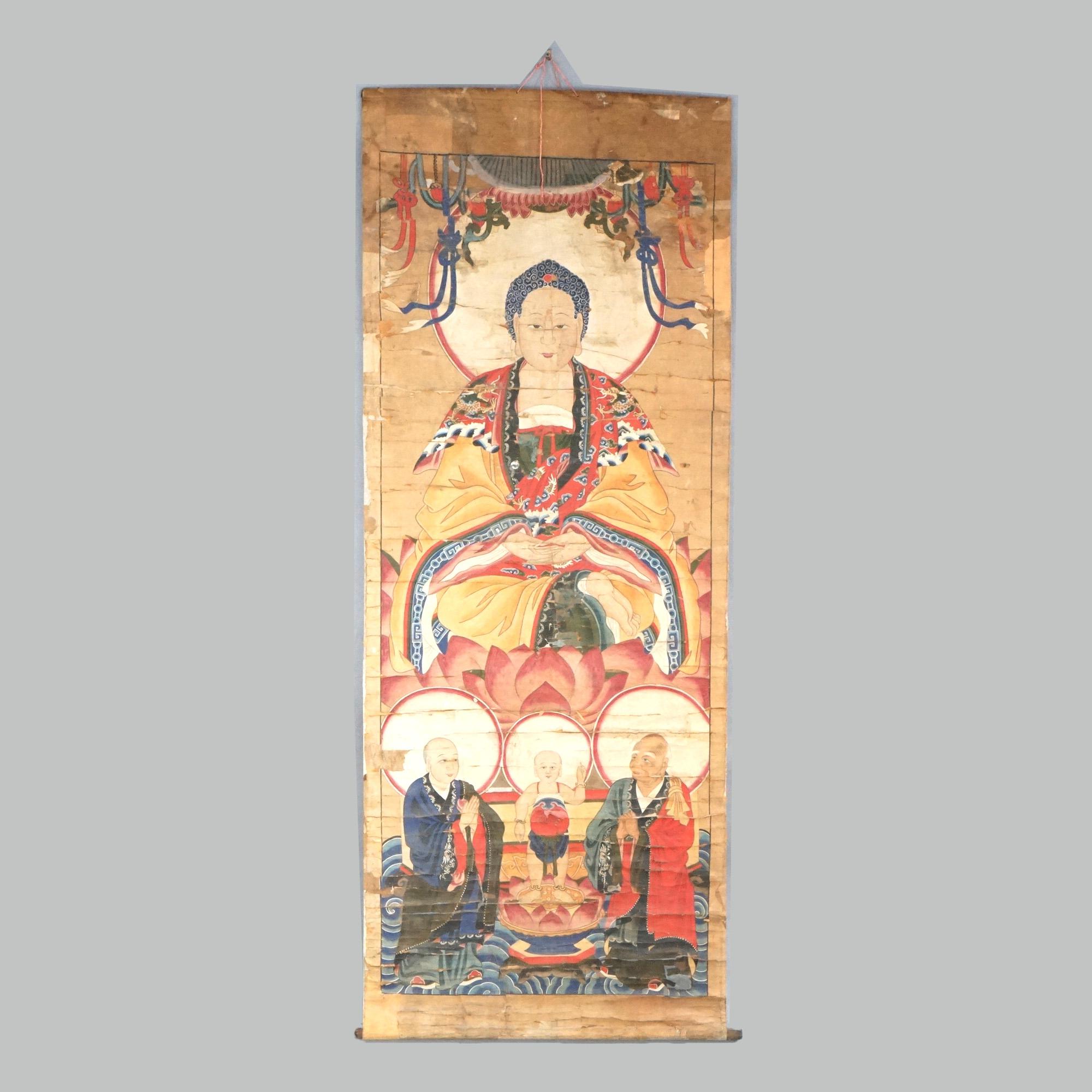 An oversized antique Chinese scroll painting offers depiction of deity with figures, 19th century

Measures - 69
