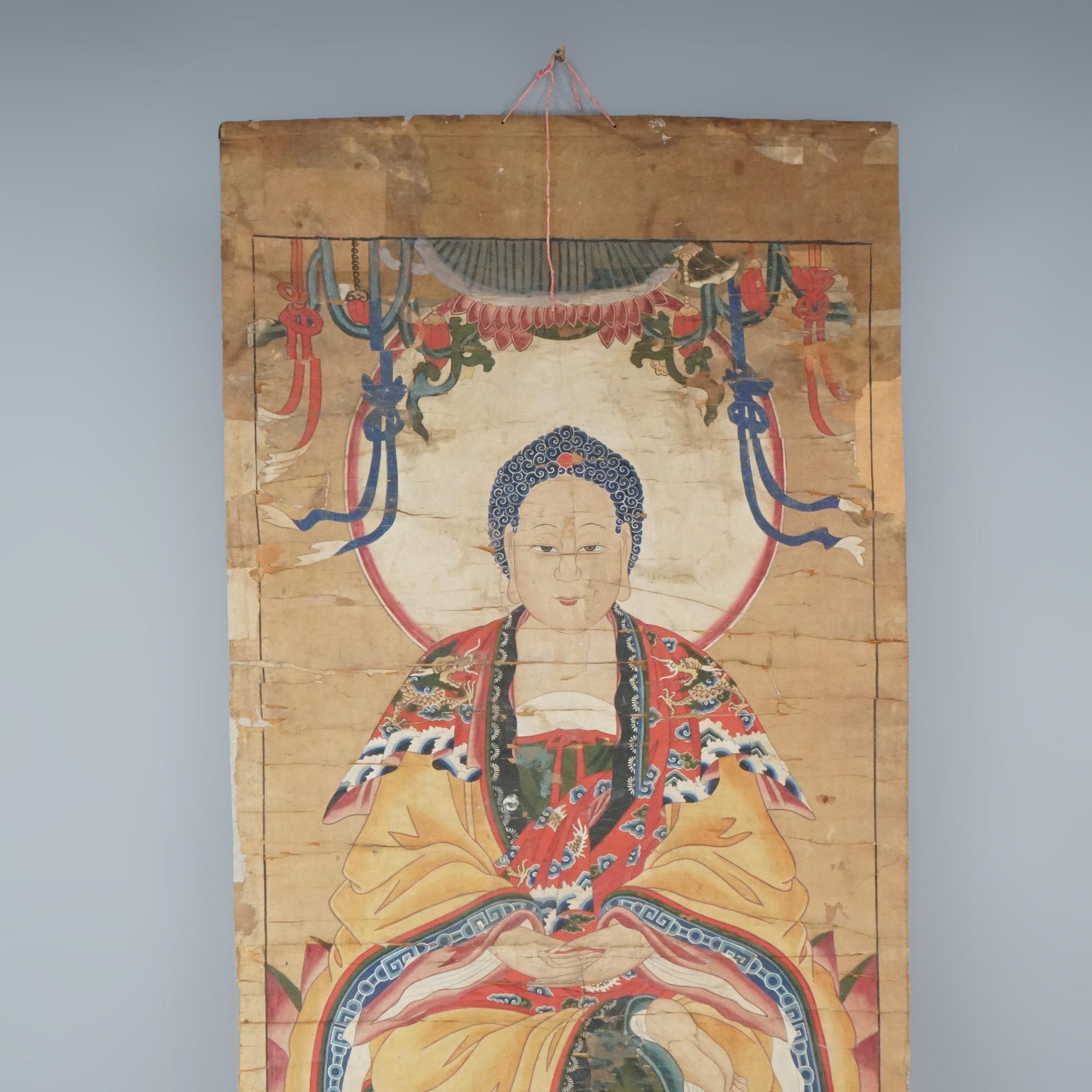 Asian Large Antique Chinese Deity Scroll Painting 19th C For Sale