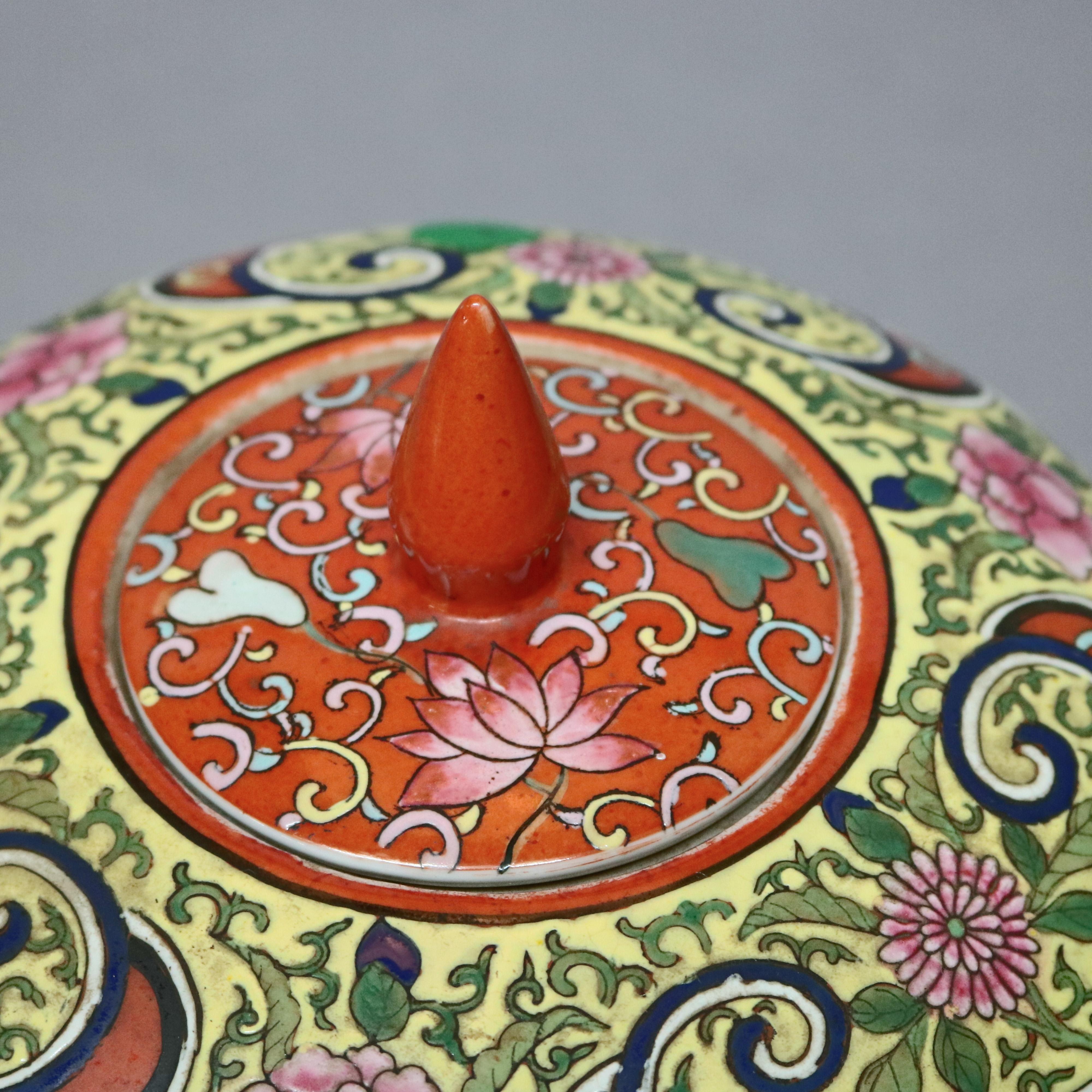 Antique Chinese Enameled Porcelain Polychrome Foliate & Dragon Urns, circa 1920 In Good Condition In Big Flats, NY