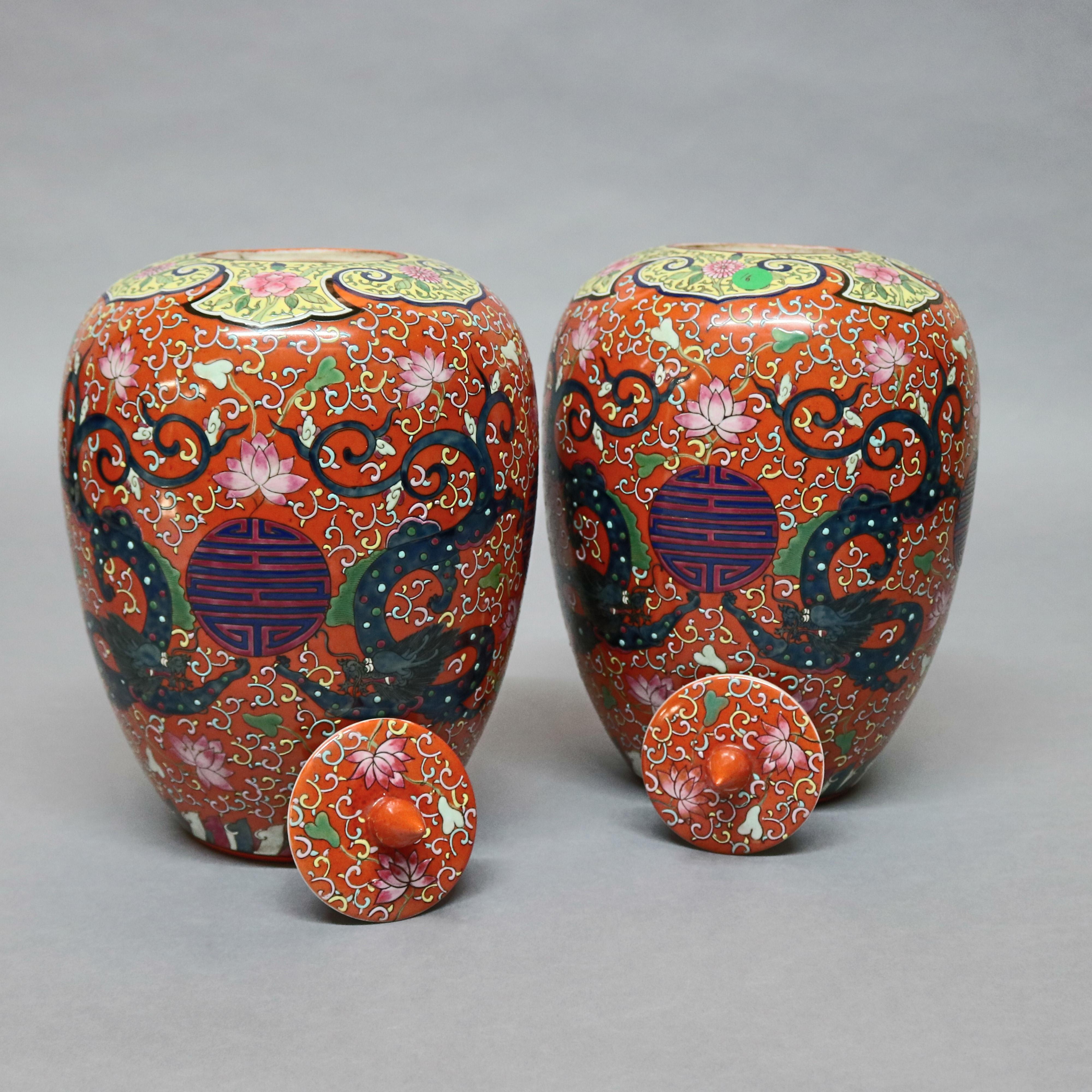 20th Century Antique Chinese Enameled Porcelain Polychrome Foliate & Dragon Urns, circa 1920