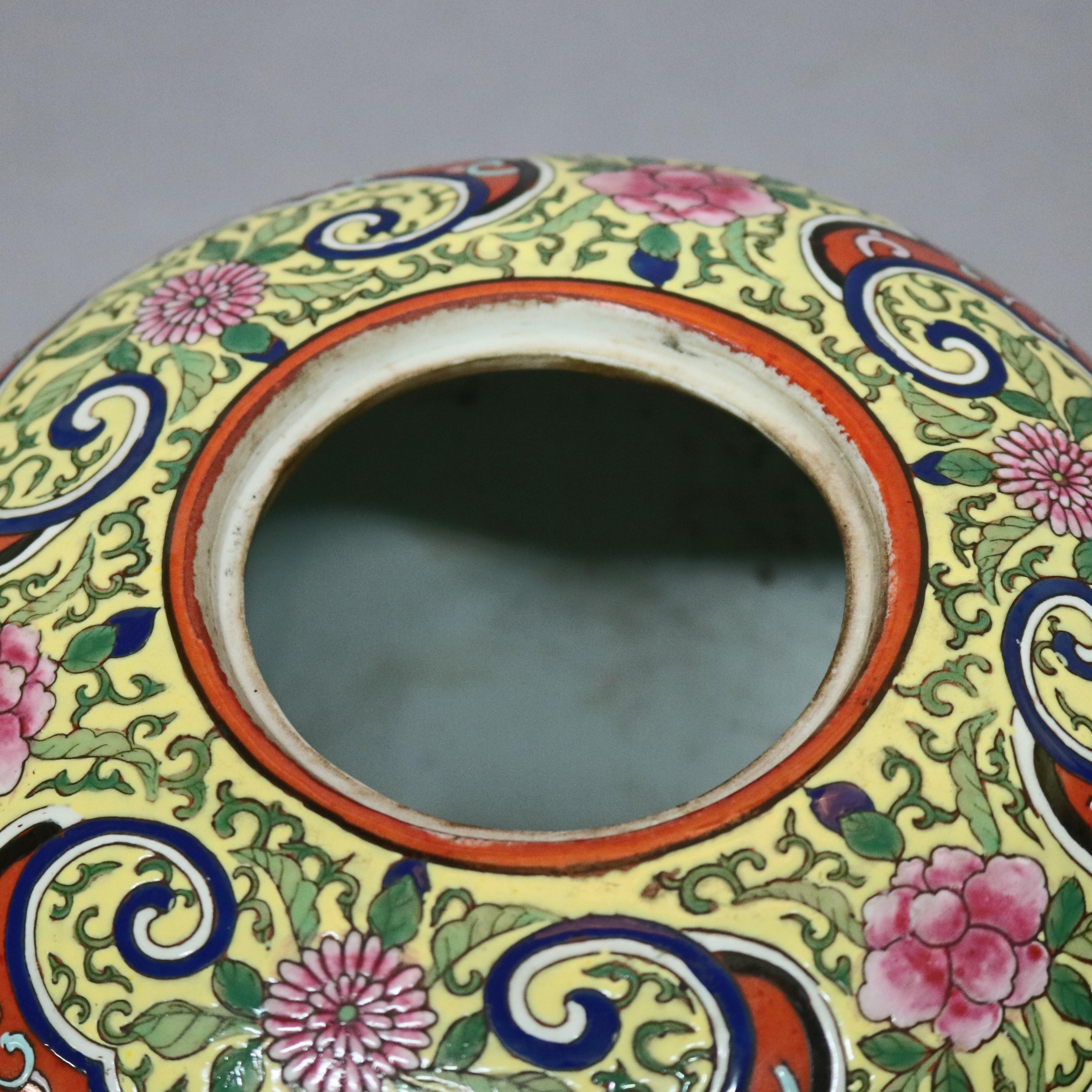 Antique Chinese Enameled Porcelain Polychrome Foliate & Dragon Urns, circa 1920 2